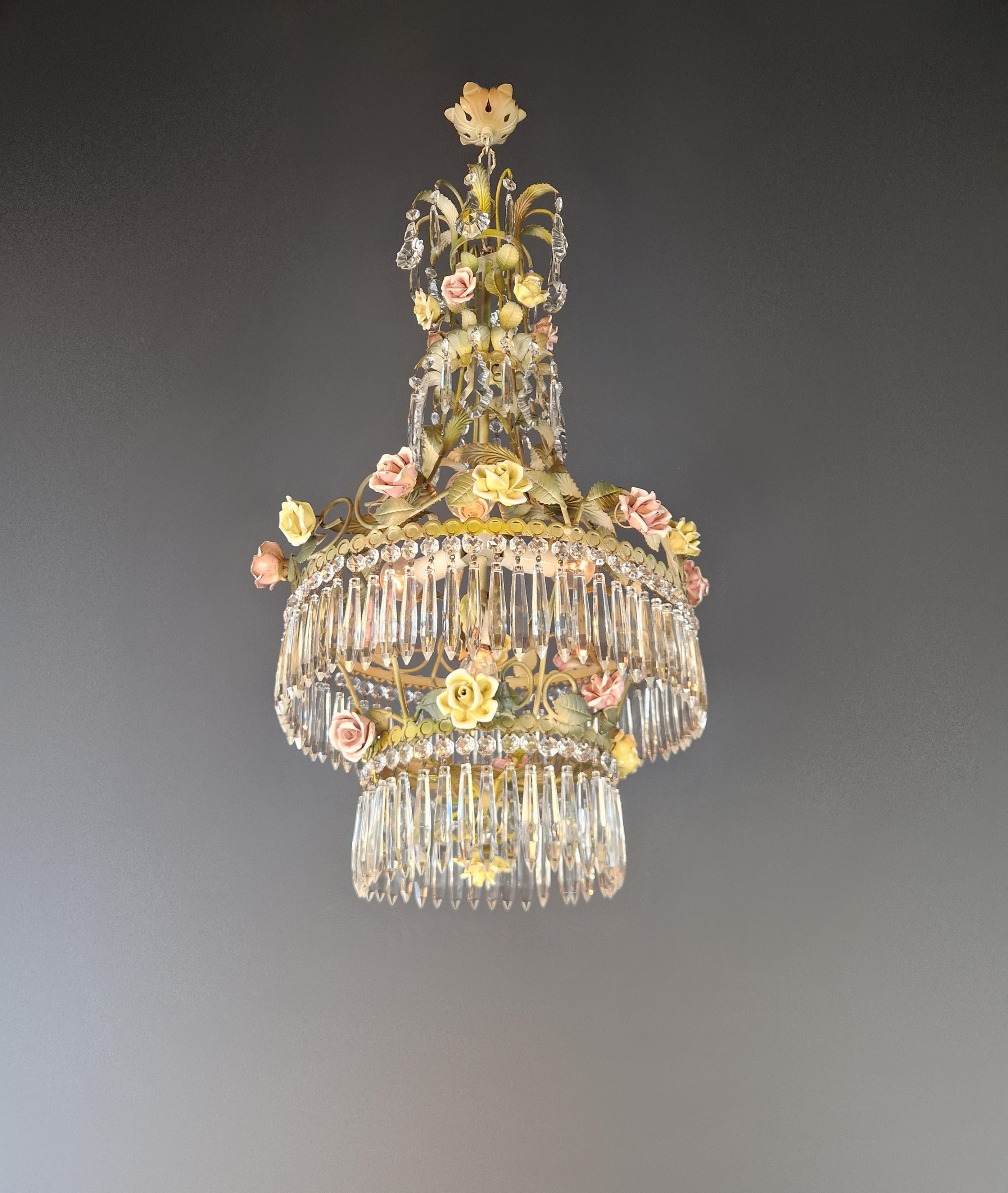 Hand-Knotted Love Porcelain Rose Crystal Antique Cage Green Chandelier Art Nouveau