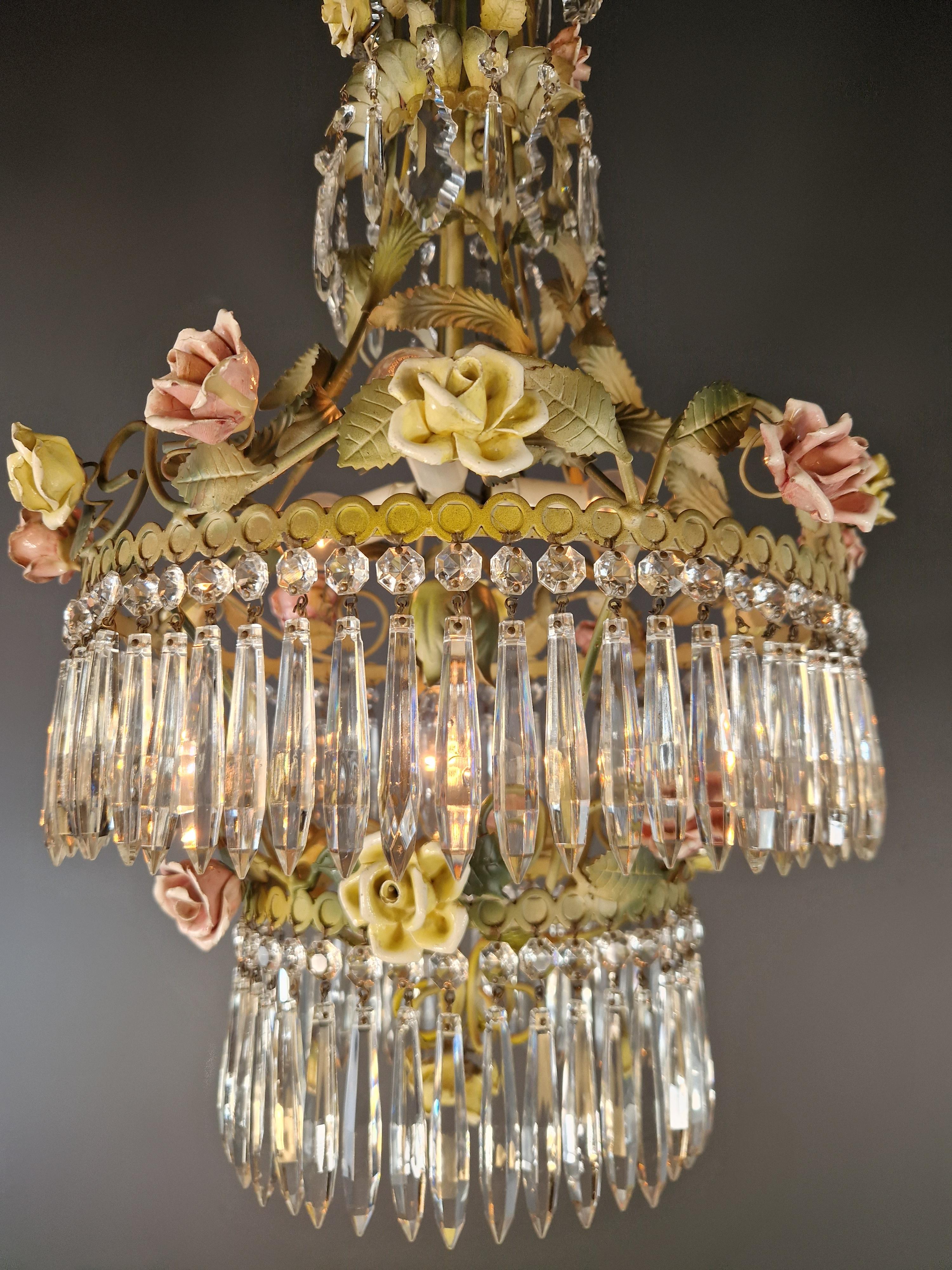 Love Porcelain Rose Crystal Antique Cage Green Chandelier Art Nouveau In Good Condition In Berlin, DE