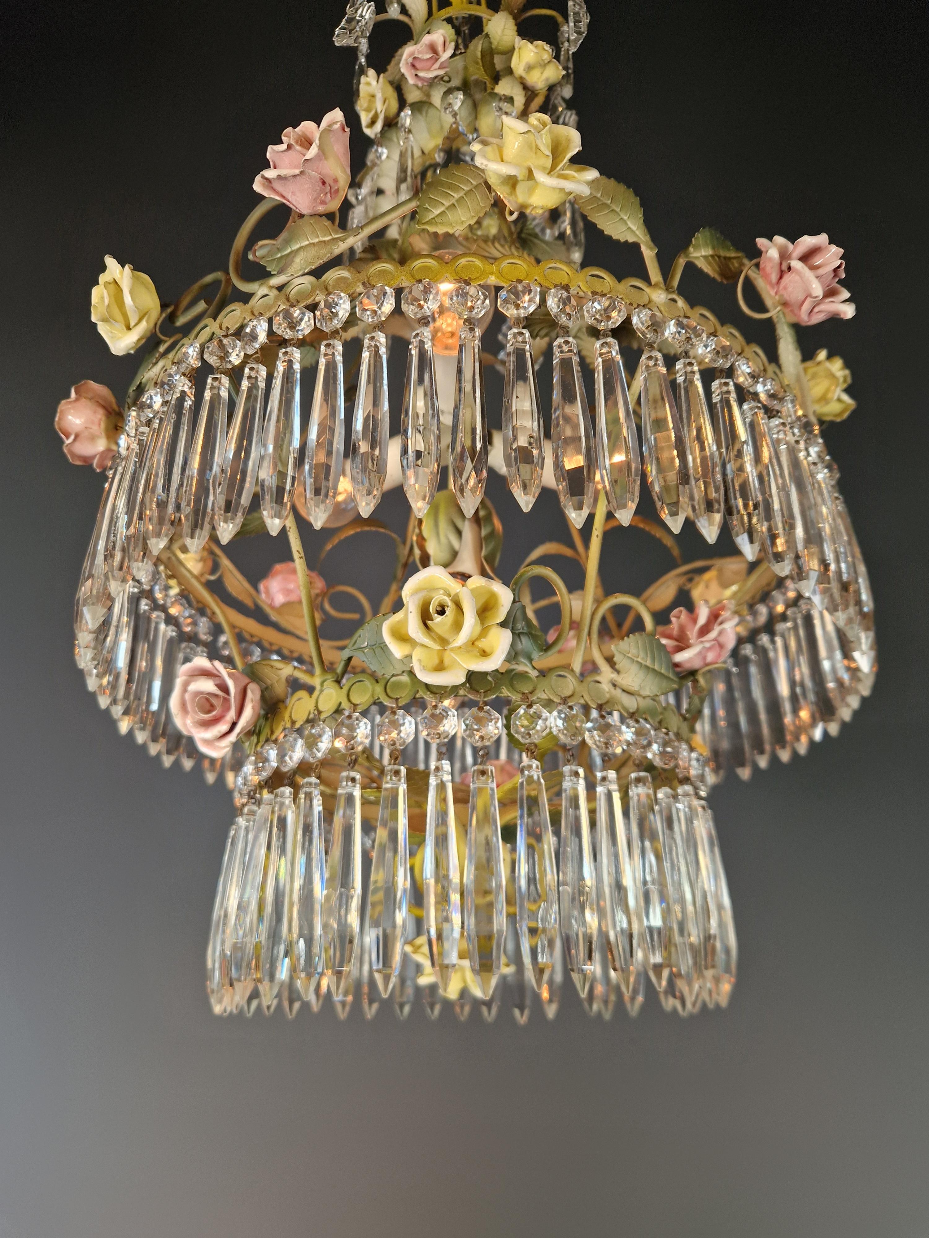 Mid-20th Century Love Porcelain Rose Crystal Antique Cage Green Chandelier Art Nouveau