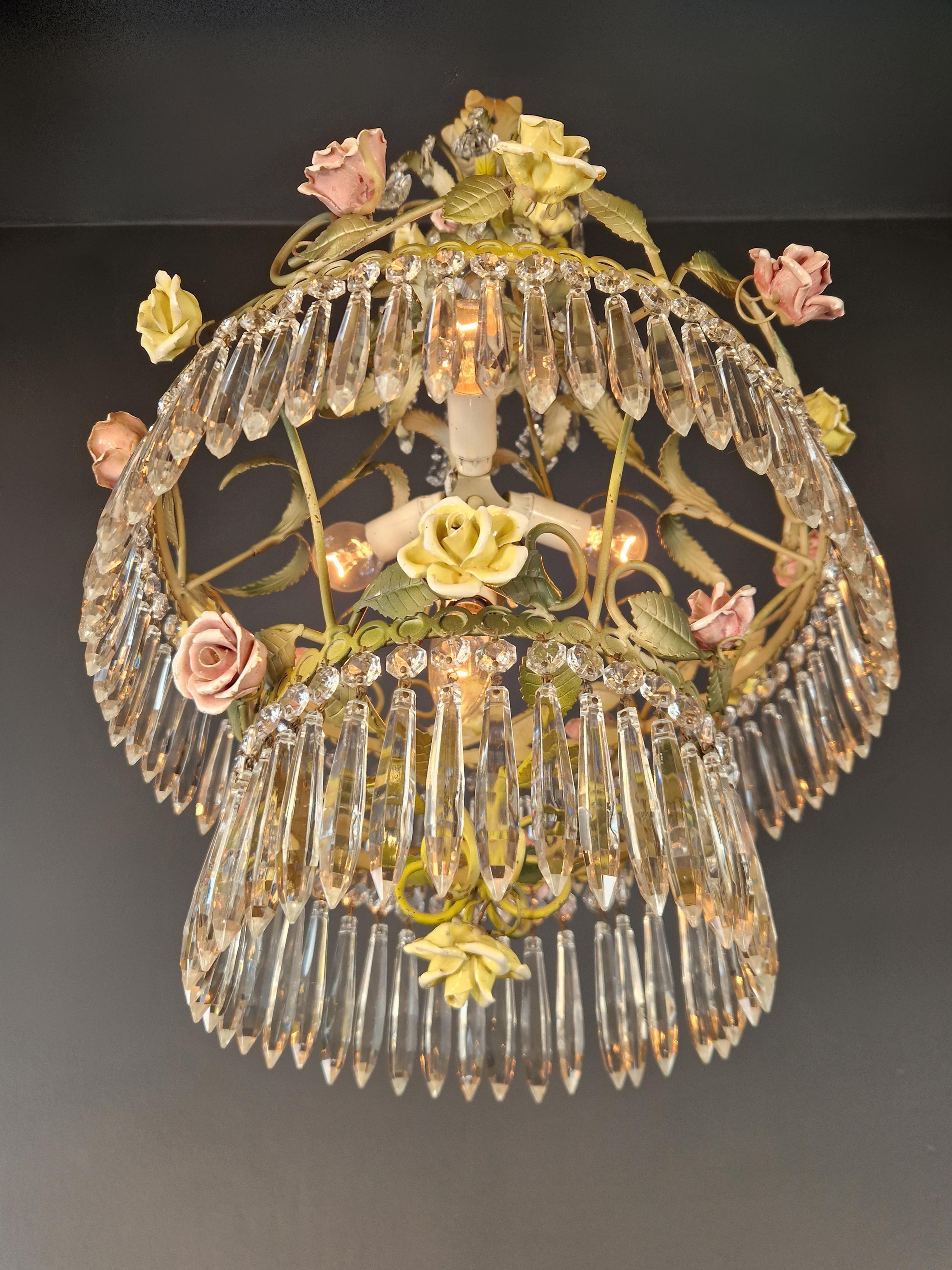 Iron Love Porcelain Rose Crystal Antique Cage Green Chandelier Art Nouveau