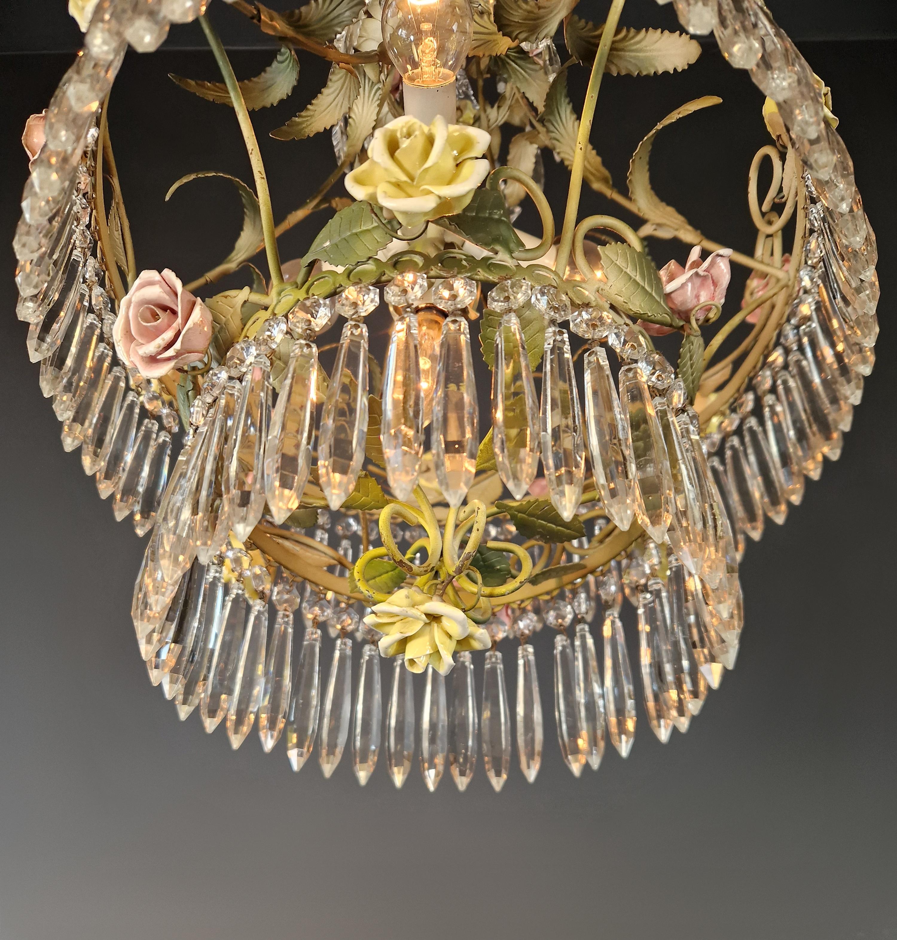 Love Porcelain Rose Crystal Antique Cage Green Chandelier Art Nouveau 1