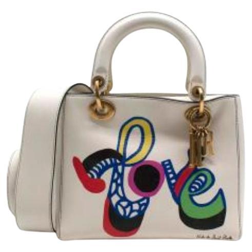 Love Print White Smooth Leather Medium Lady Dior Bag For Sale
