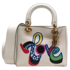 Love Print White Smooth Leather Medium Lady Dior Bag