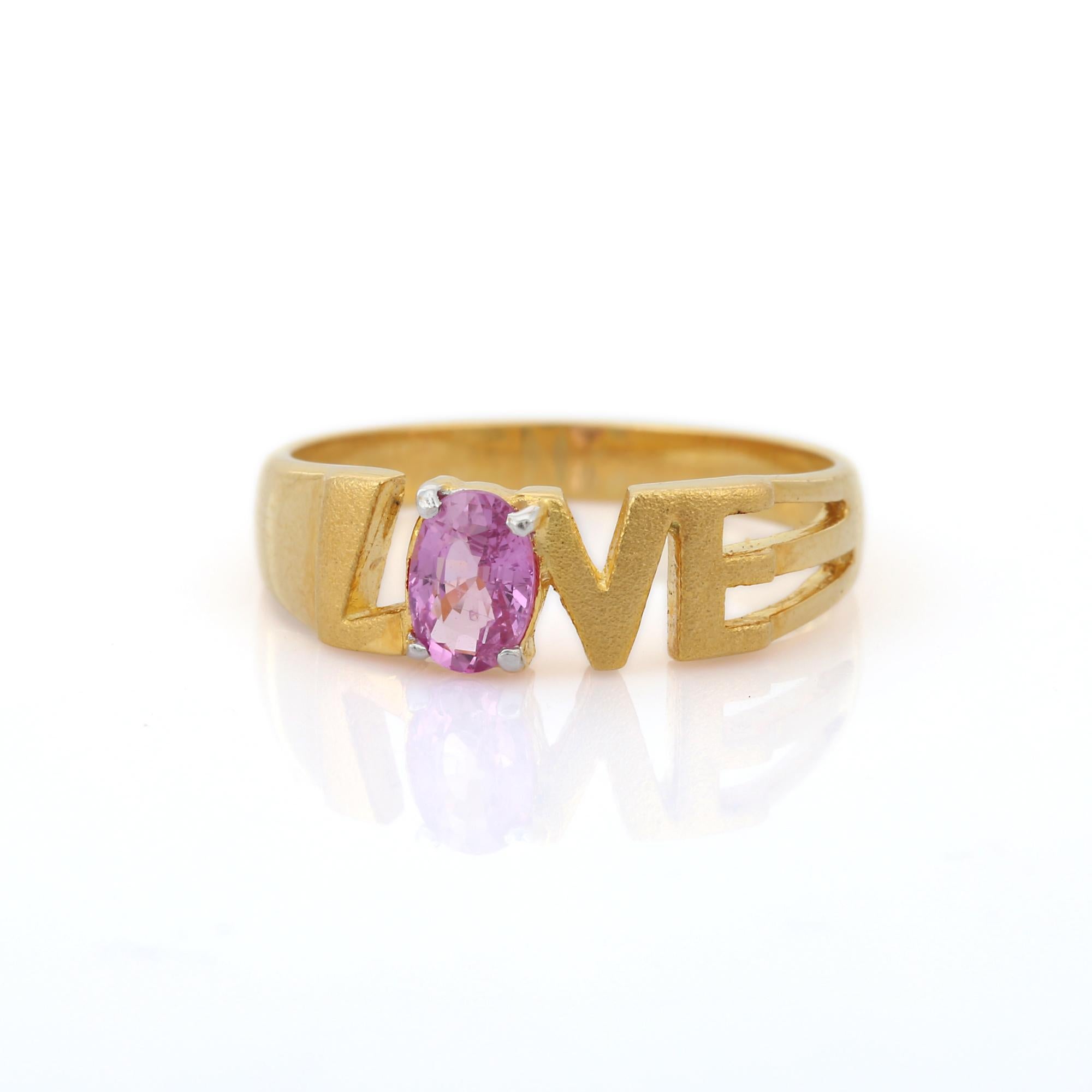 For Sale:  Love Ring with Oval Cut Pink Sapphire in 18K Yellow Gold  3