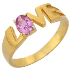 Bague d'amour avec saphir rose de taille ovale en or jaune 18 carats 