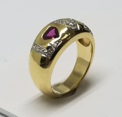 "Love" Ring with Ruby Heart and Diamond Set in 14k Yellow Gold