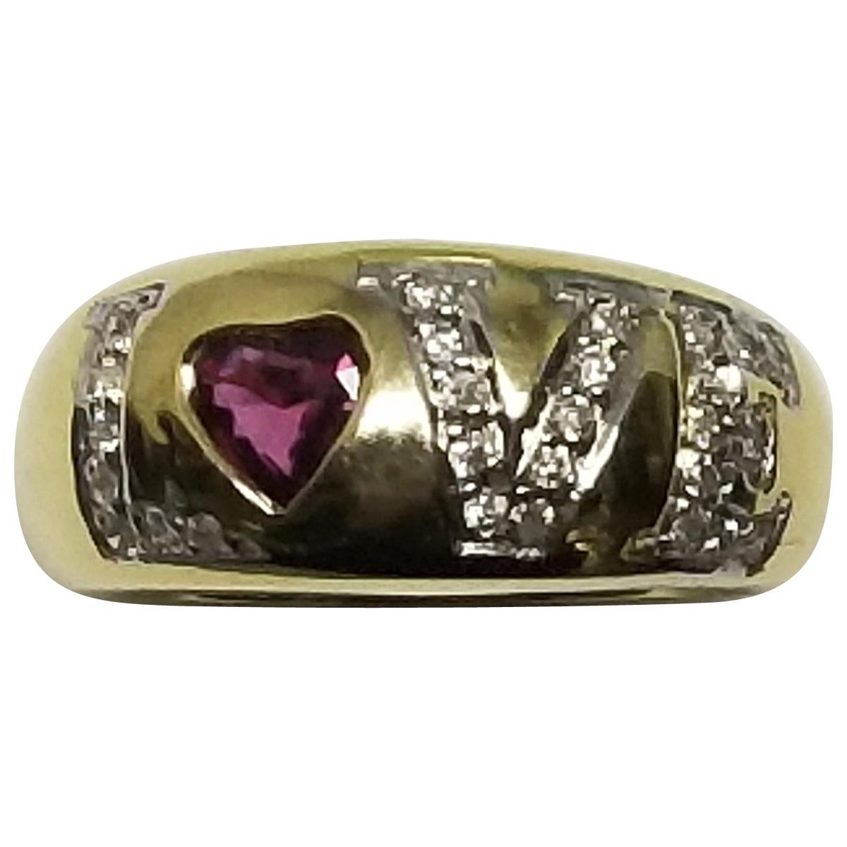 "Love" Ring with Ruby Heart and Diamond Set in 14k Yellow Gold For Sale