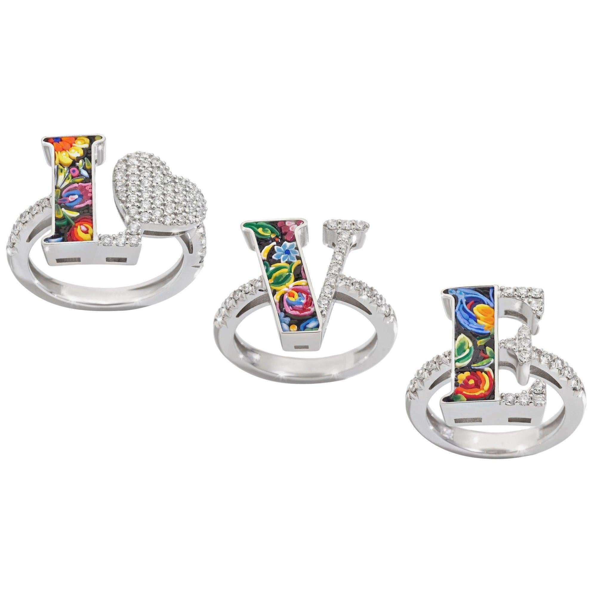 For Sale:  Love Rings Trilogy White Diamonds White Gold Hand Decorated with Micro Mosaic