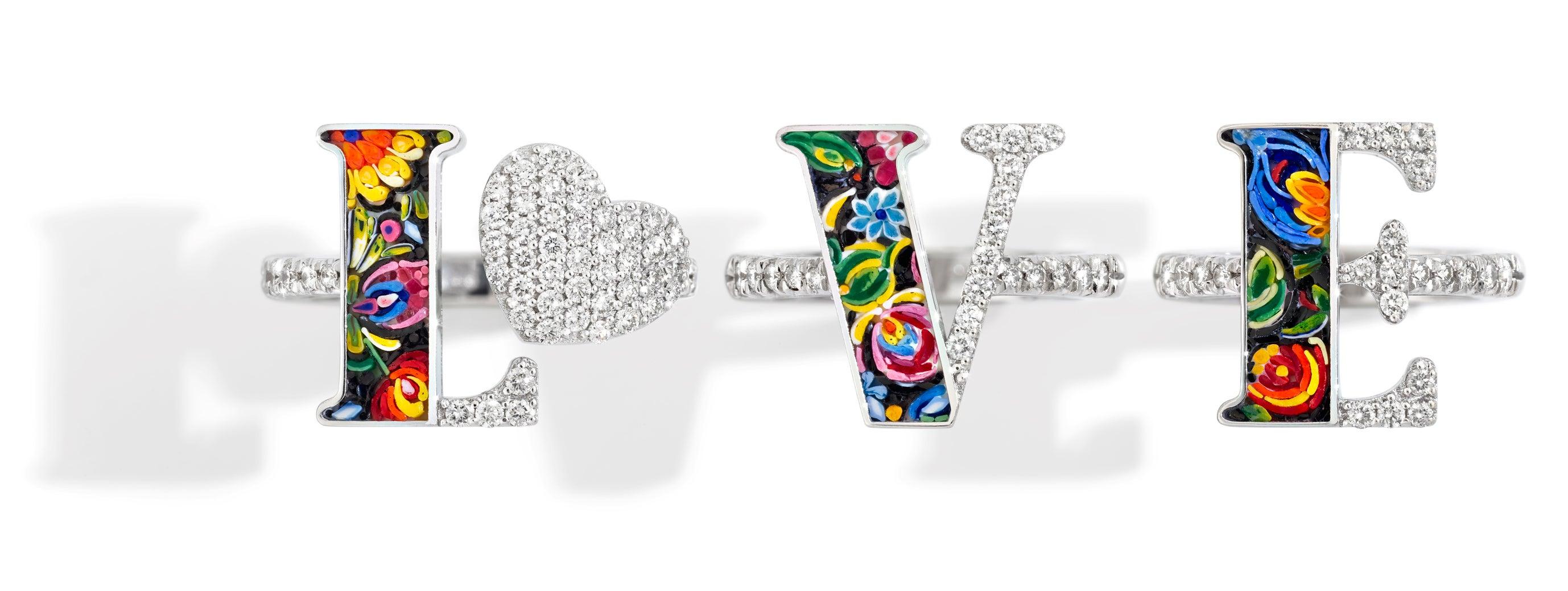 For Sale:  Love Rings Trilogy White Diamonds White Gold Hand Decorated with Micro Mosaic 2