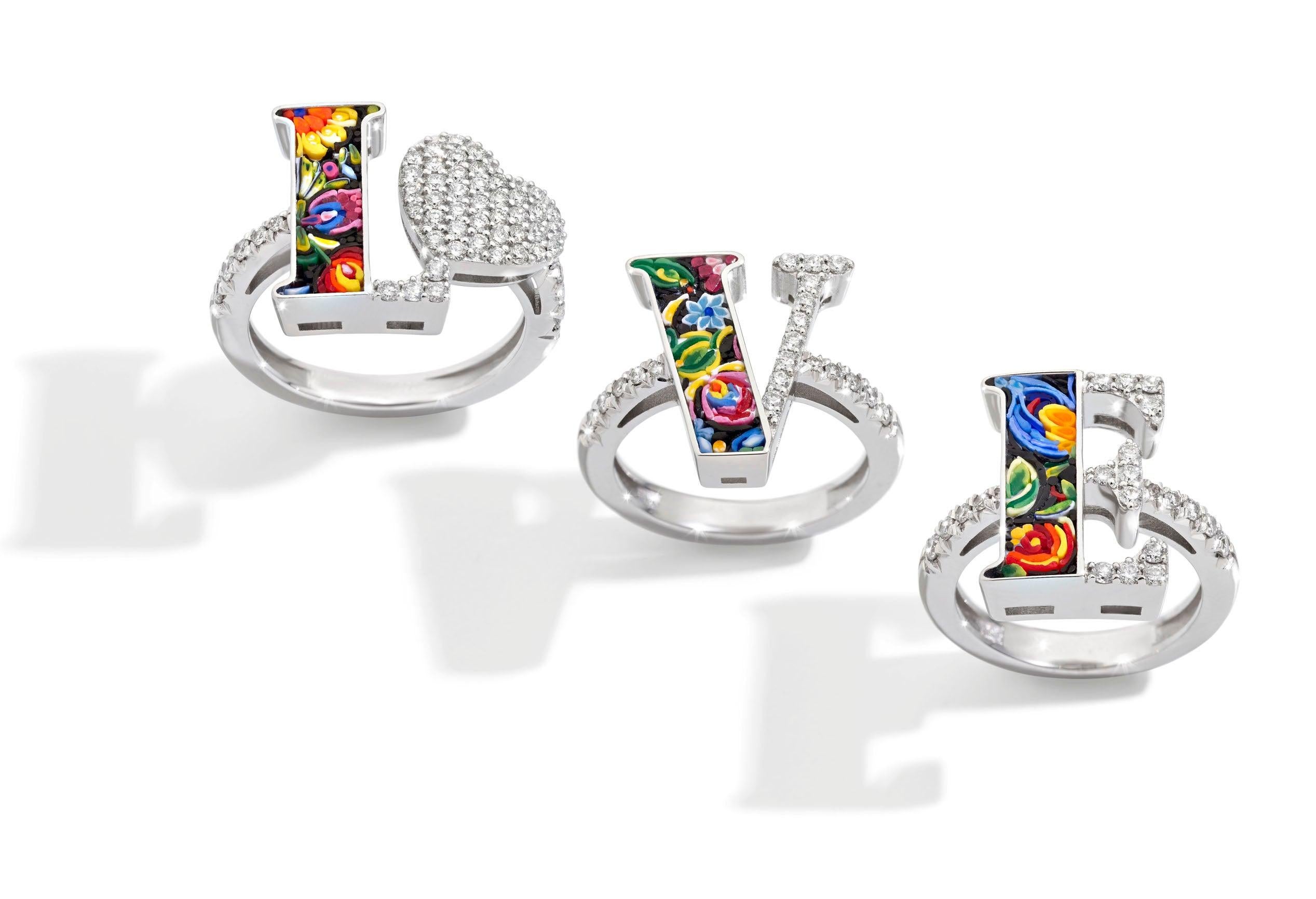 For Sale:  Love Rings Trilogy White Diamonds White Gold Hand Decorated with Micro Mosaic 4