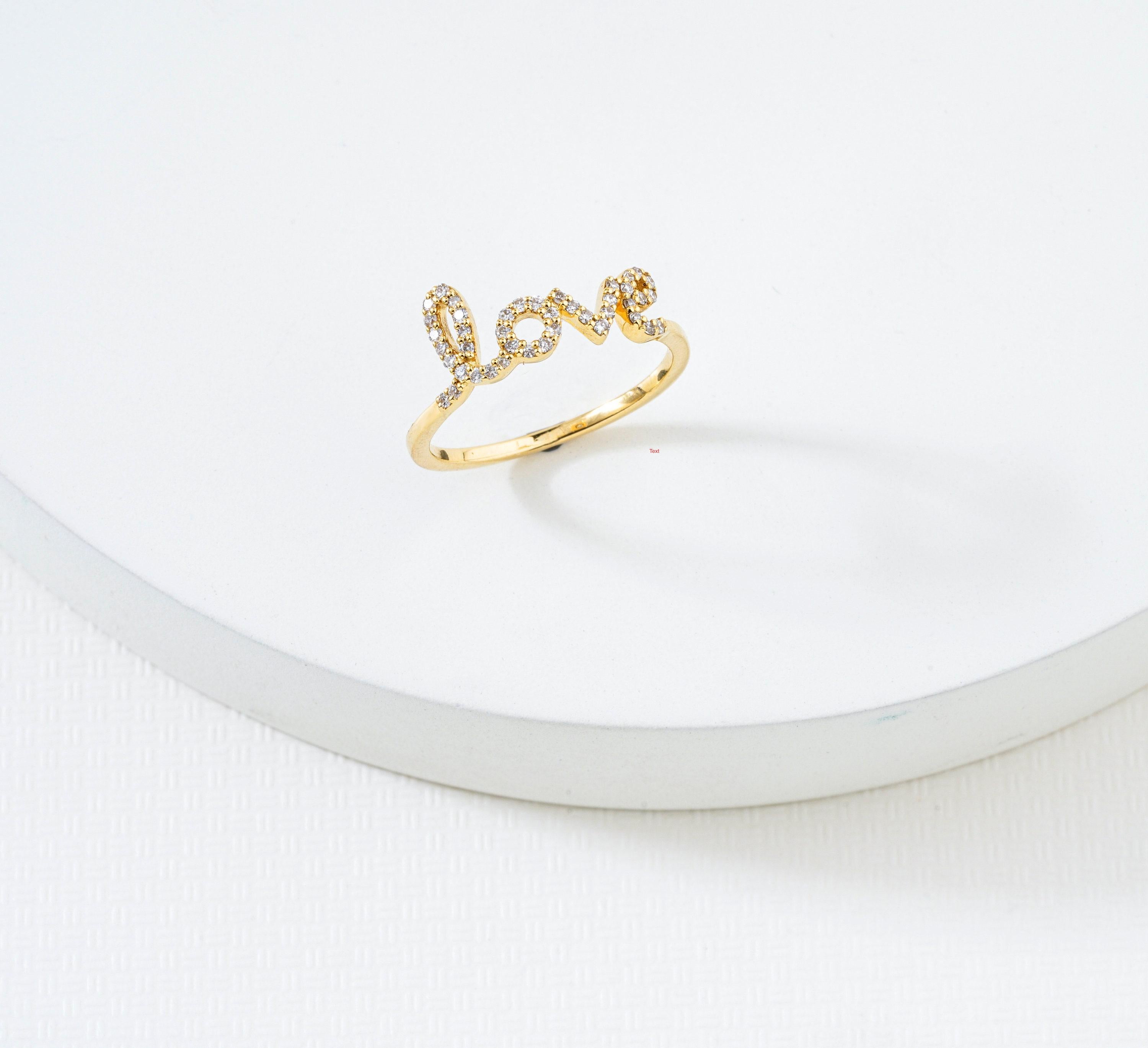 Art Déco Anello con diamante Love Script in oro massiccio 14K (certificato) in vendita