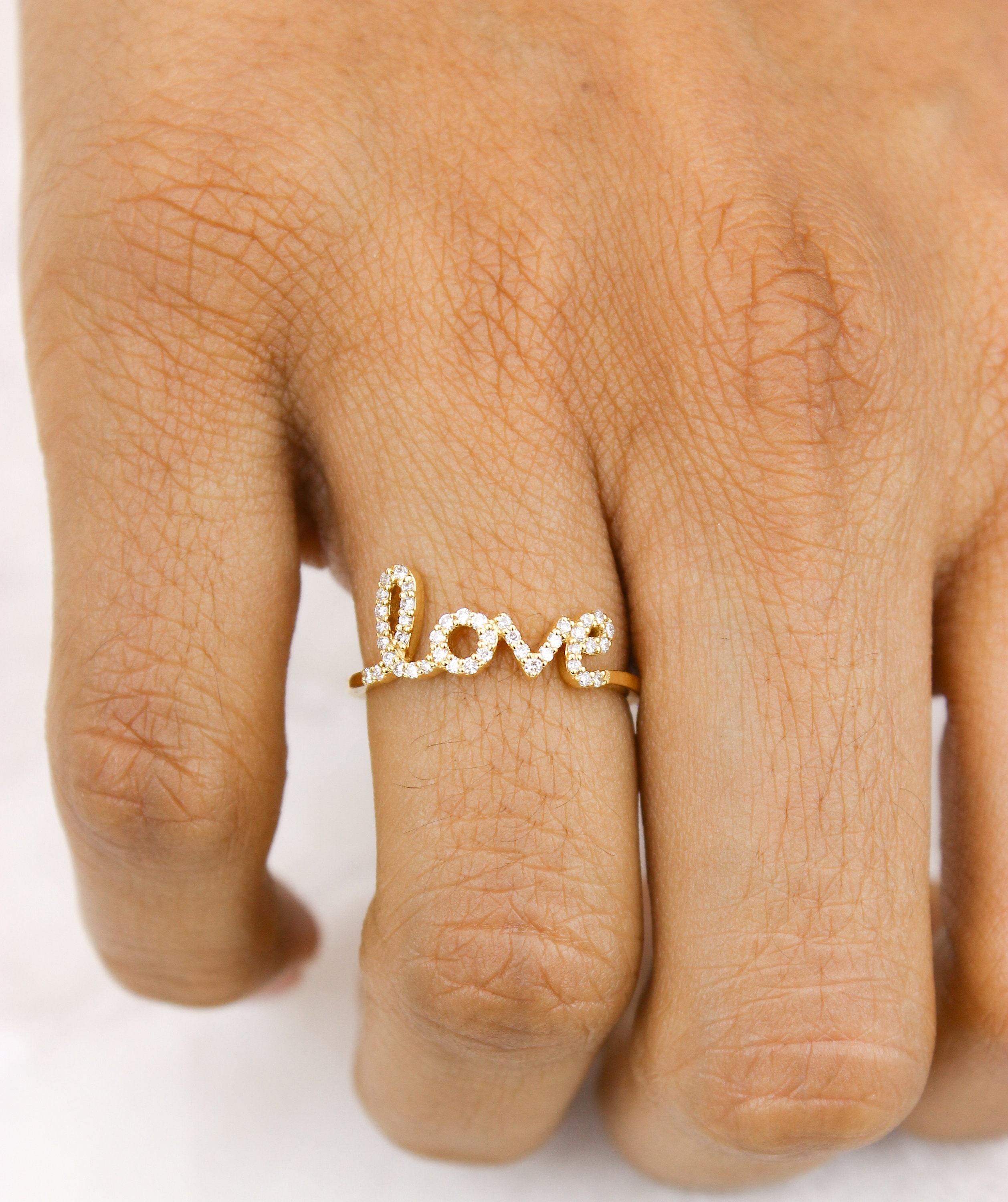 Donna Anello con diamante Love Script in oro massiccio 14K (certificato) in vendita