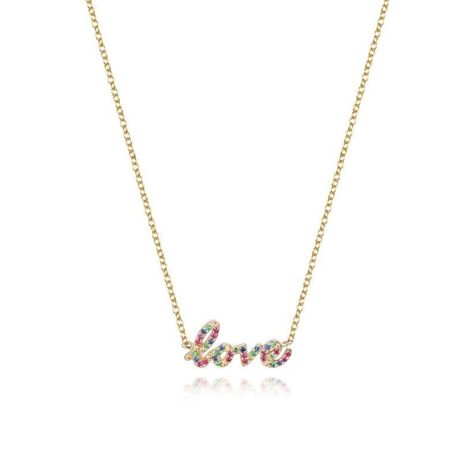 Love Script Pave Multicolor Sapphire 14K Yellow Gold Necklace