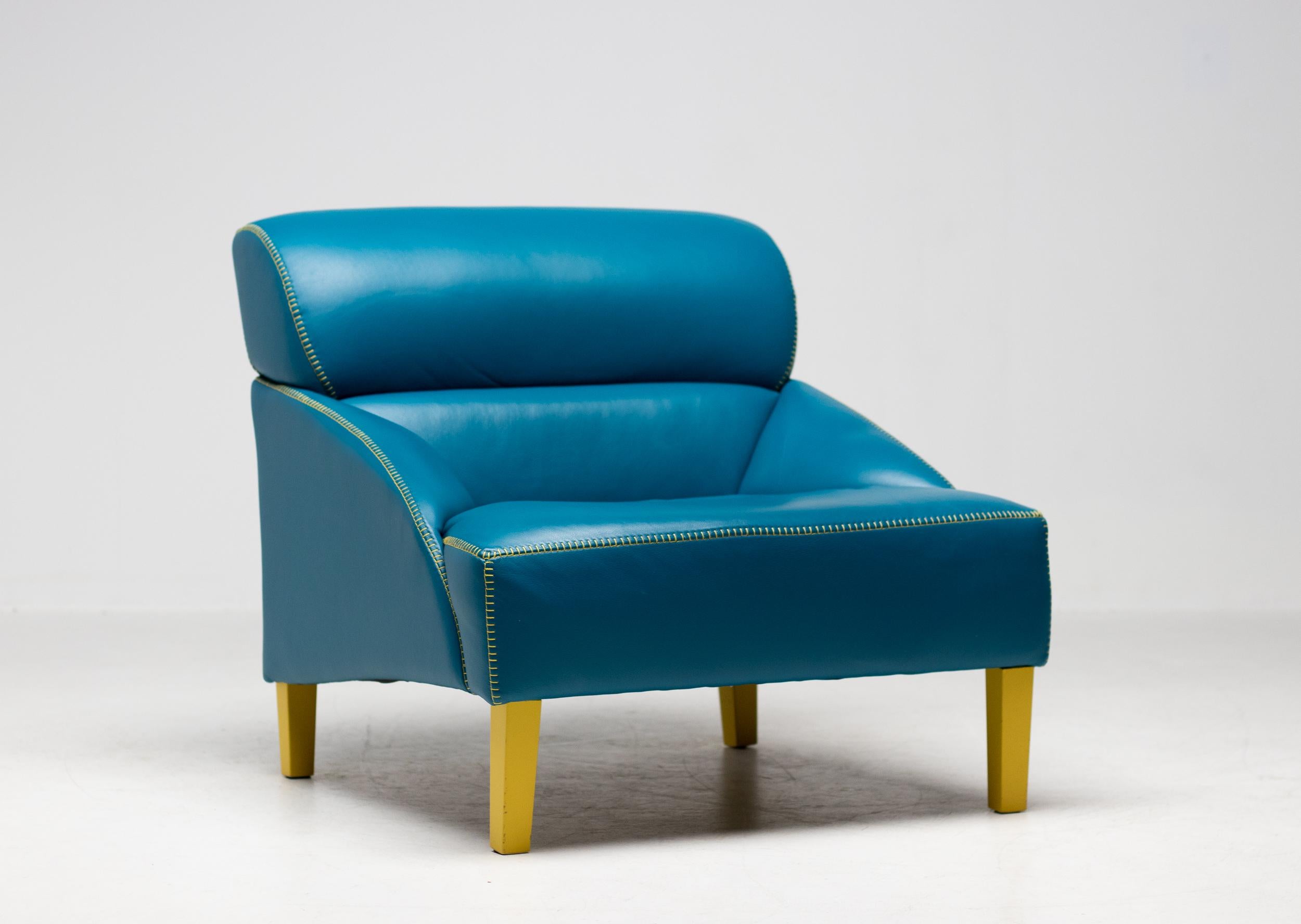 Turquoise leather with contrasting yellow stitching love seat for Nicole Italia.

Founded by Nicola Palasciano, Nicole Italia has become an internationally successful manufacturing company that specializes in leather upholstered creative furniture.