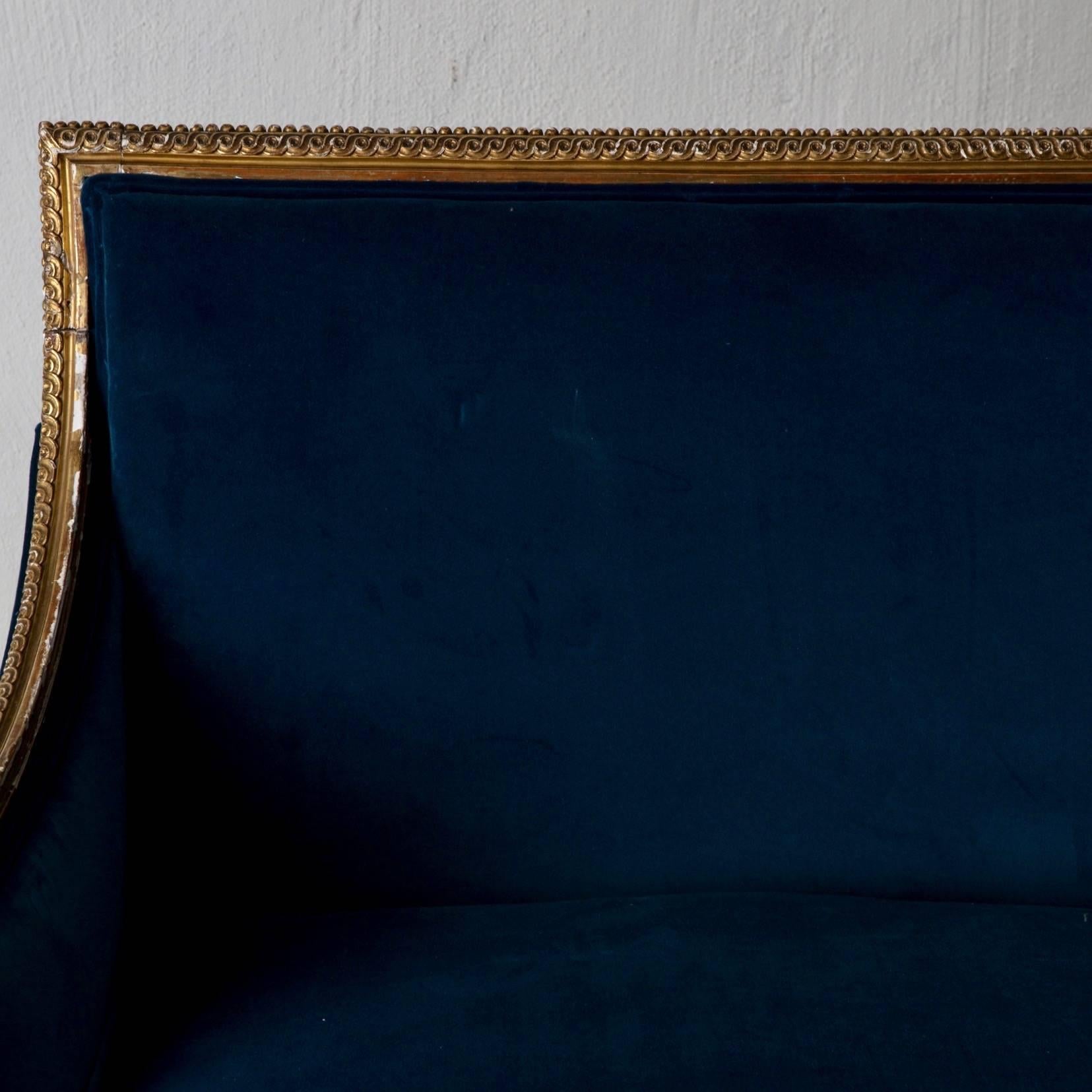 Sofa Bench Love Seat Neoclassical Louis XVI Period Gilt Wood Blue Velvet France  4