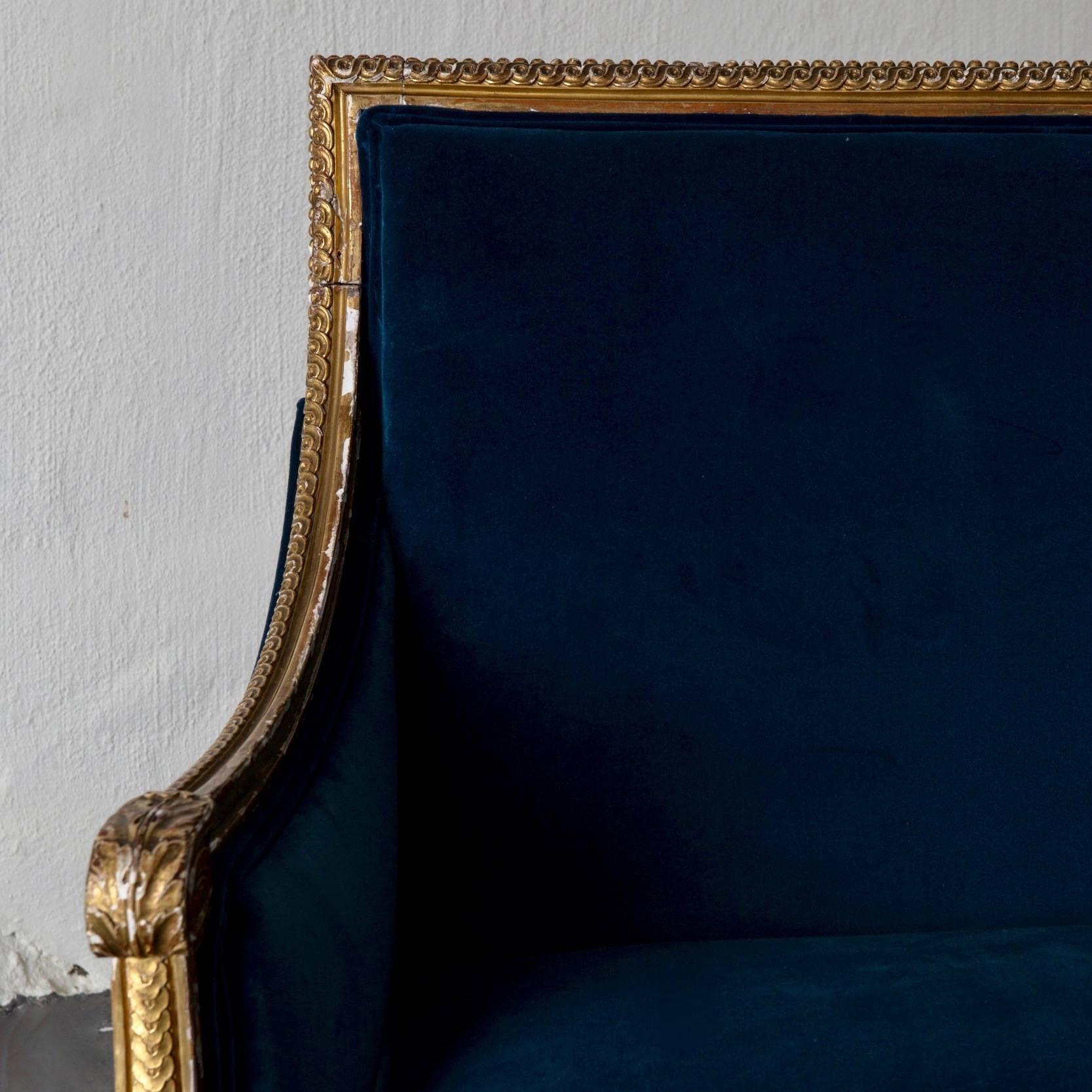 Giltwood Sofa Bench Love Seat Neoclassical Louis XVI Period Gilt Wood Blue Velvet France 