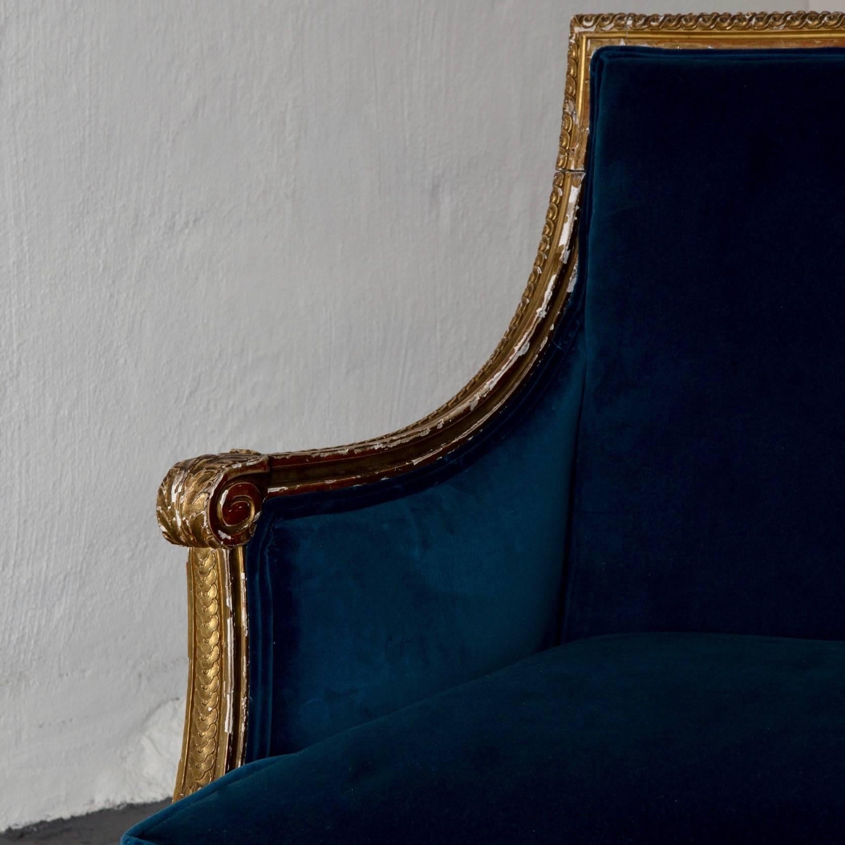 Sofa Bench Love Seat Neoclassical Louis XVI Period Gilt Wood Blue Velvet France  2