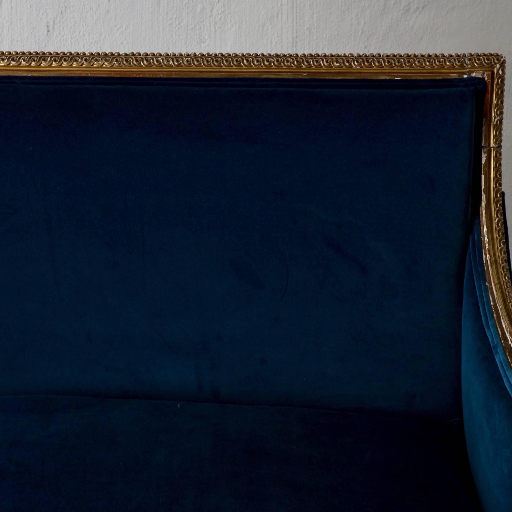 Sofa Bench Love Seat Neoclassical Louis XVI Period Gilt Wood Blue Velvet France  3