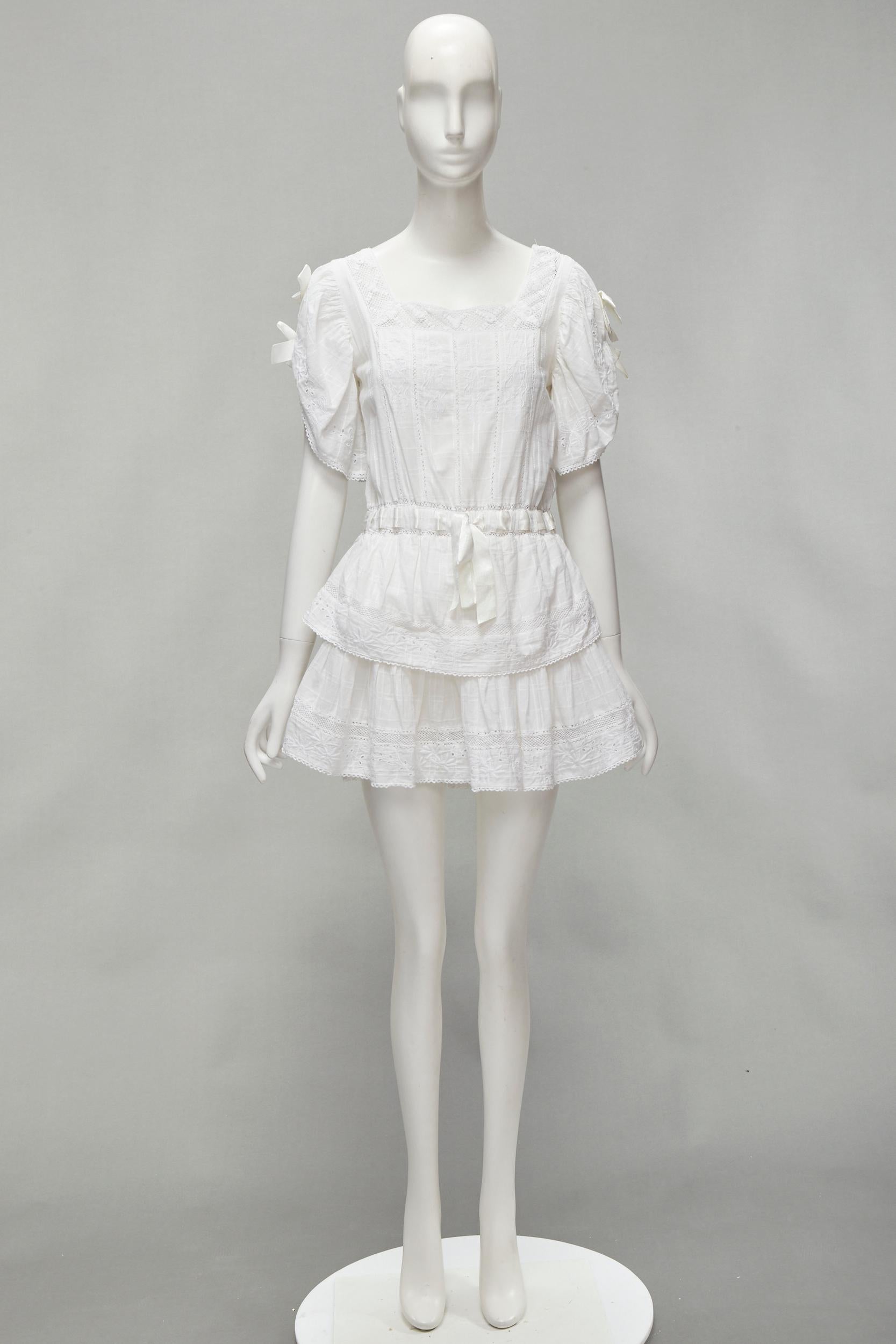 LOVE SHACK FANCY white cotton square neck lace trimmed ribbon cottage dress XS 5