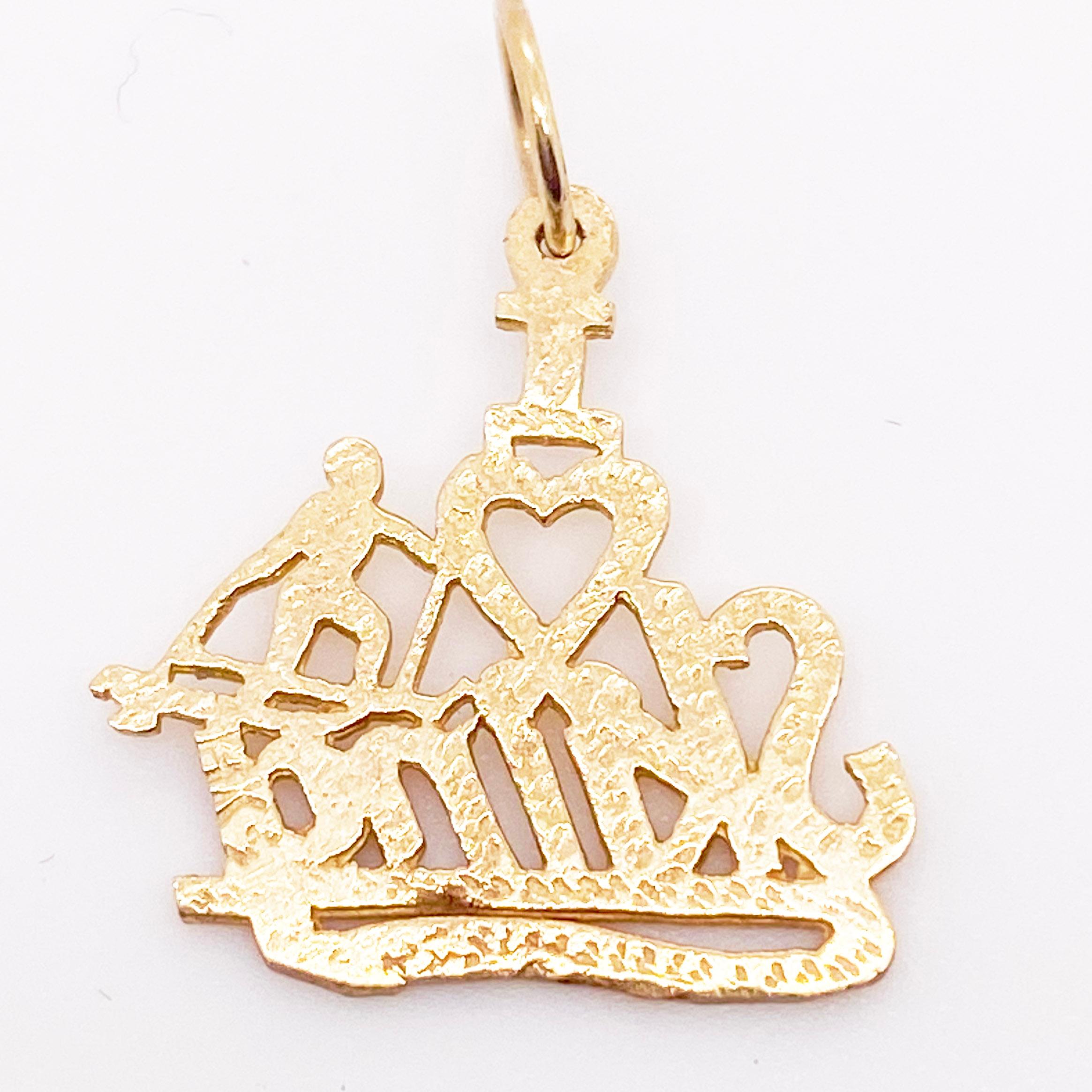 Contemporary Love Skiing Charm or Pendant, 14K Yellow Gold, Stamped Out, I Love Skiing Charm