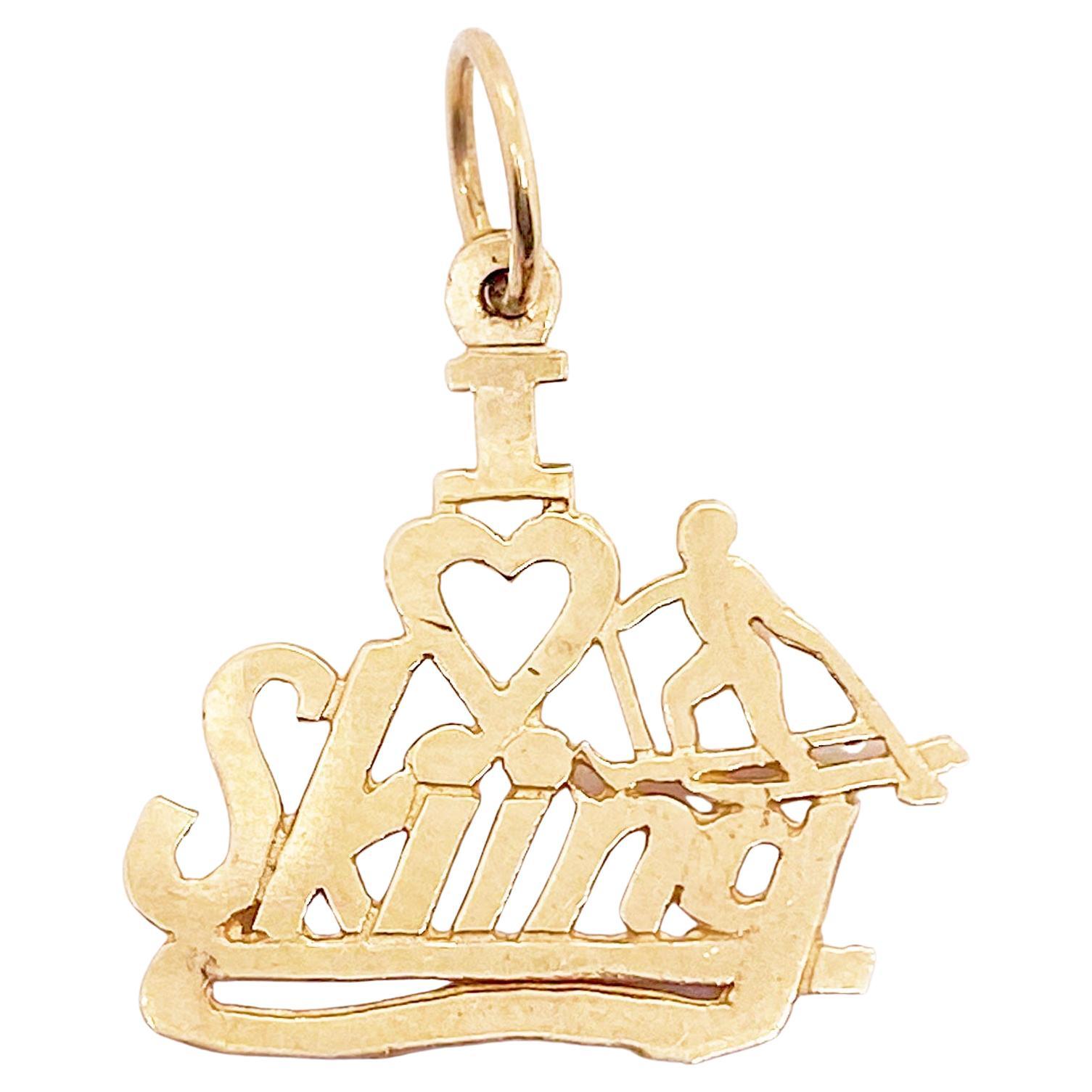 Love Skiing Charm or Pendant, 14K Yellow Gold, Stamped Out, I Love Skiing Charm