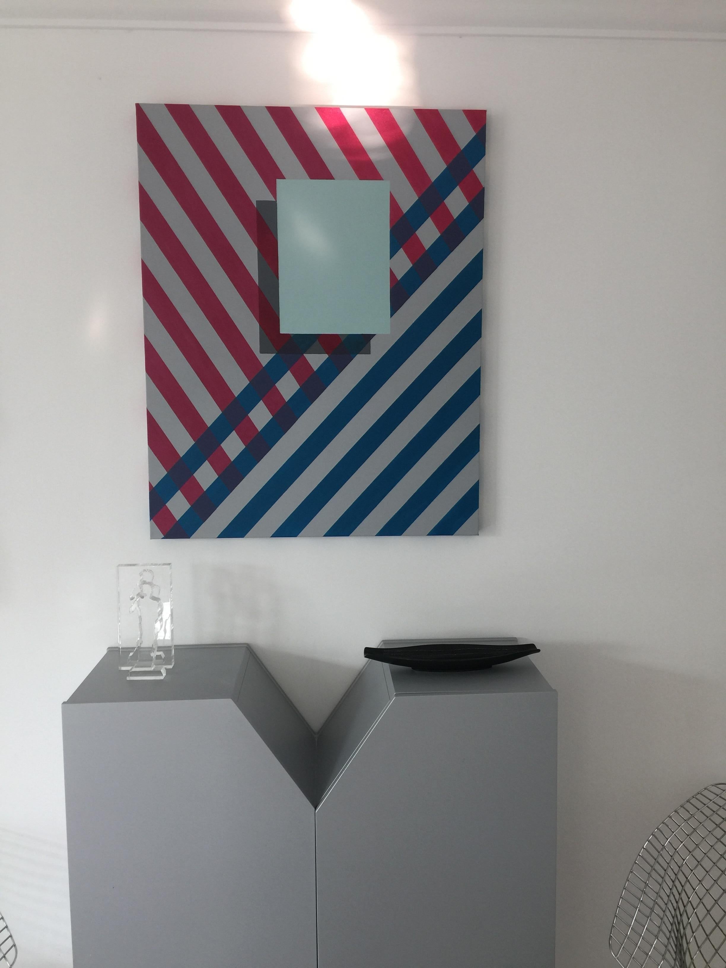 Modern Painting geometric  Blue Red Grey stripes  acrylic Canvas by Cecilia Setterdahl For Sale