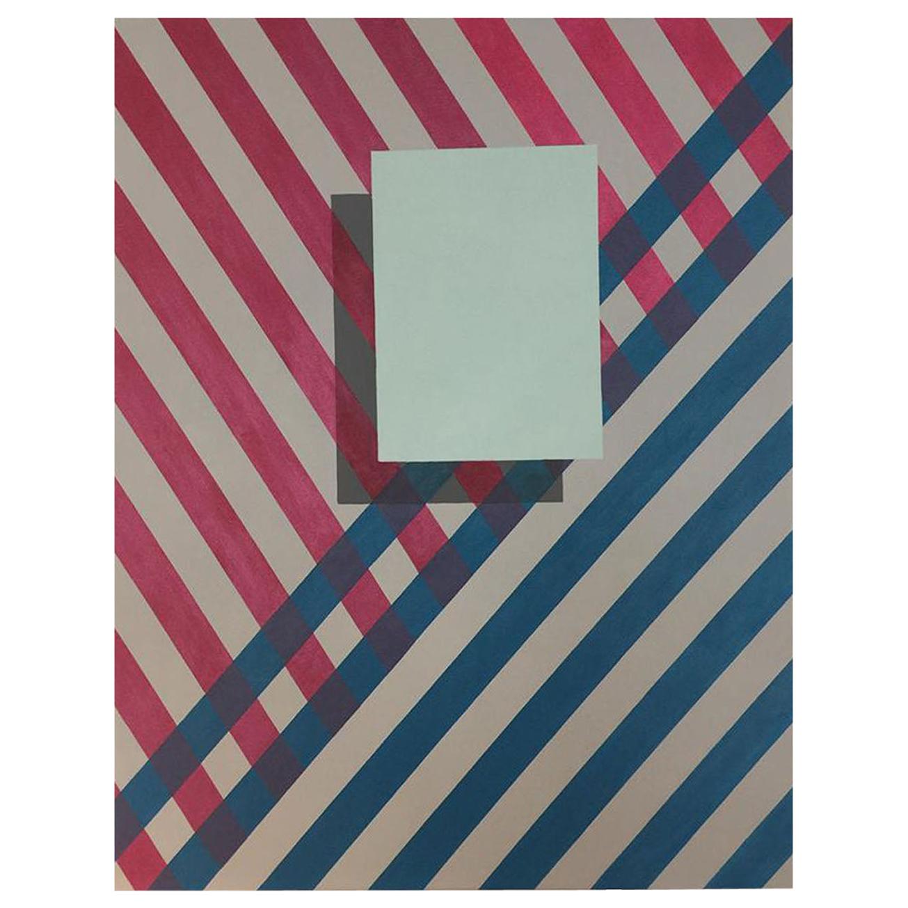 Painting geometric  Blue Red Grey stripes  acrylic Canvas by Cecilia Setterdahl For Sale