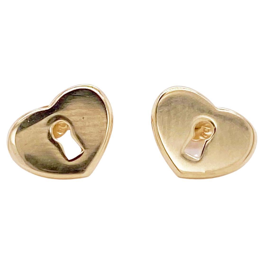 Love Stud Earrings Keyhole Heart Earring Studs, 14K Yellow Gold
