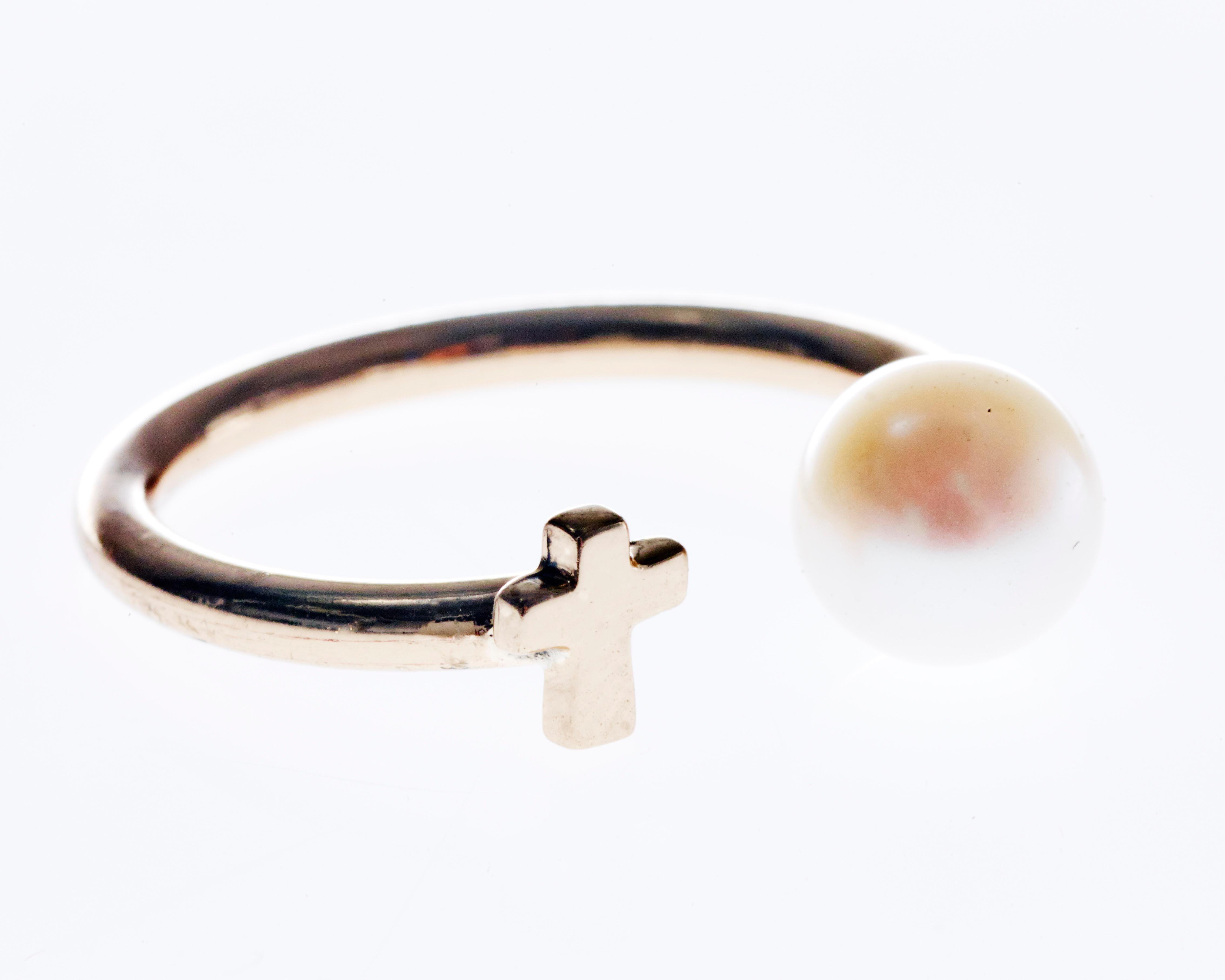 Contemporary Pearl Gold Ring Cross Cocktail Ring J Dauphin For Sale
