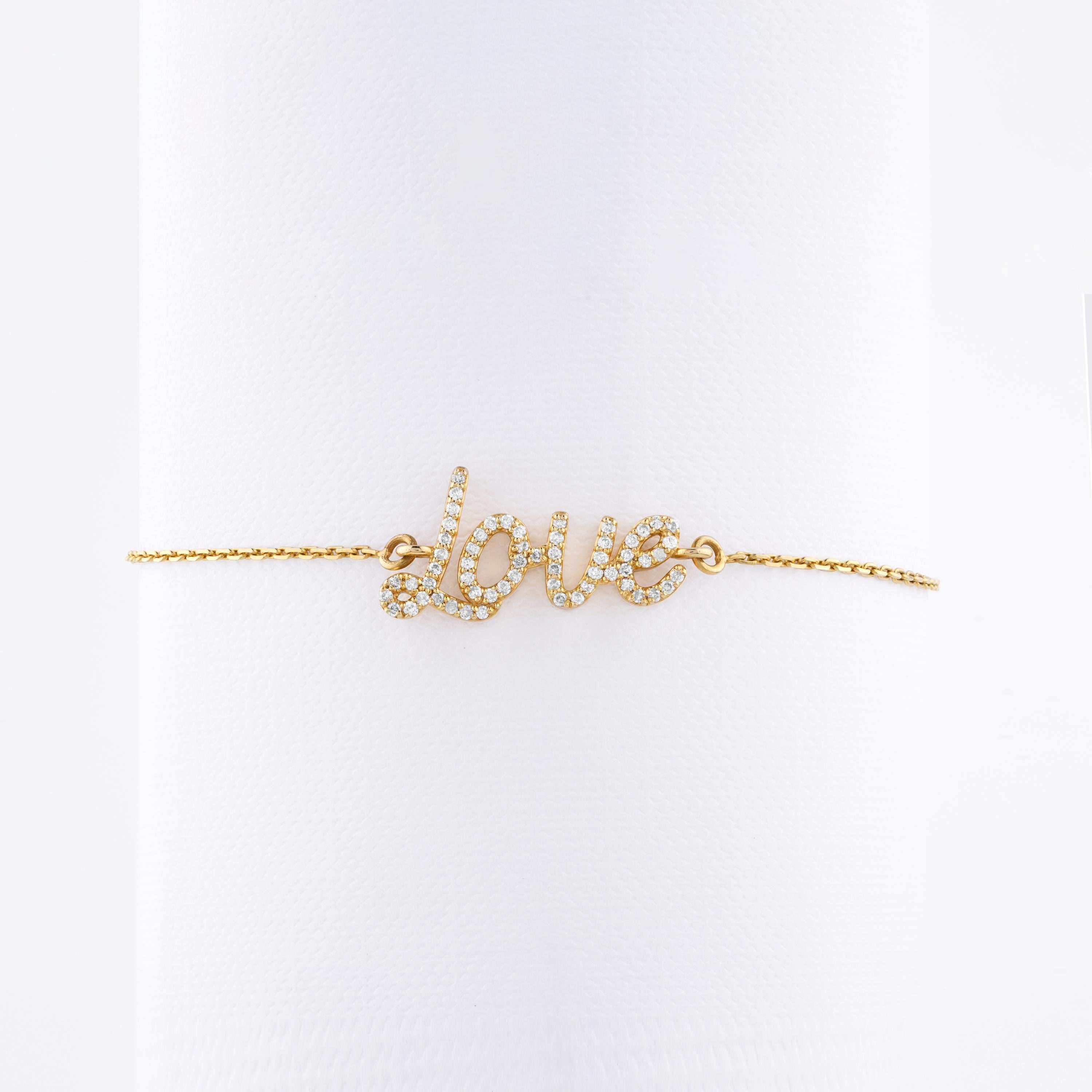 Pulsera de estacas de diamantes con cadena de la palabra amor en oro macizo de 14 quilates (certificado) en Nuevo estado para la venta en New Delhi, DL