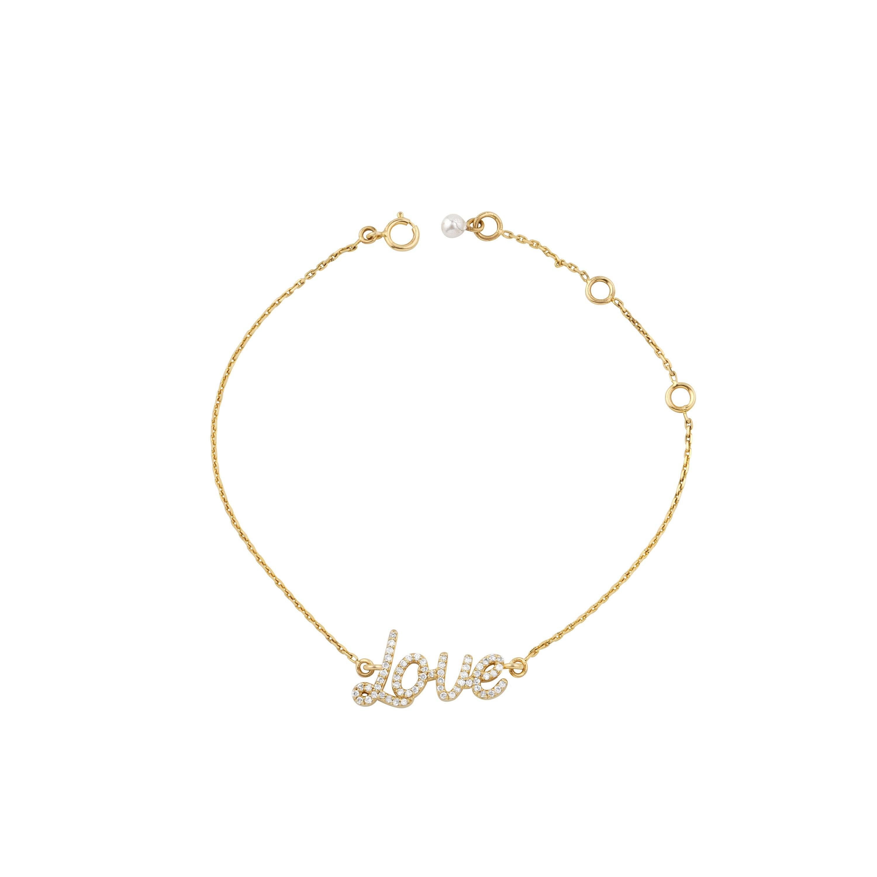 De las mujeres Pulsera de estacas de diamantes con cadena de la palabra amor en oro macizo de 14 quilates (certificado) en venta