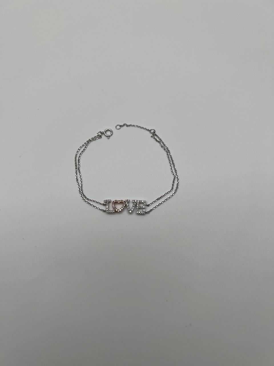 Round Cut Love Word Romance Romantic White Diamond 18K White Gold Finger Chain Bracelet For Sale