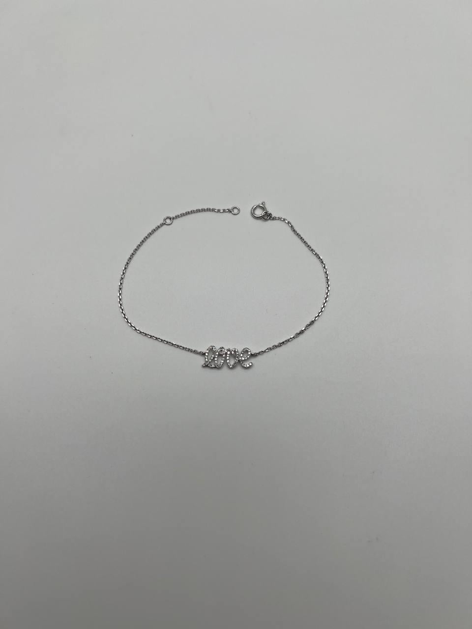 Contemporary Love Word Romance Romantic White Diamond Pave 14K White Gold Chain Bracelet For Sale