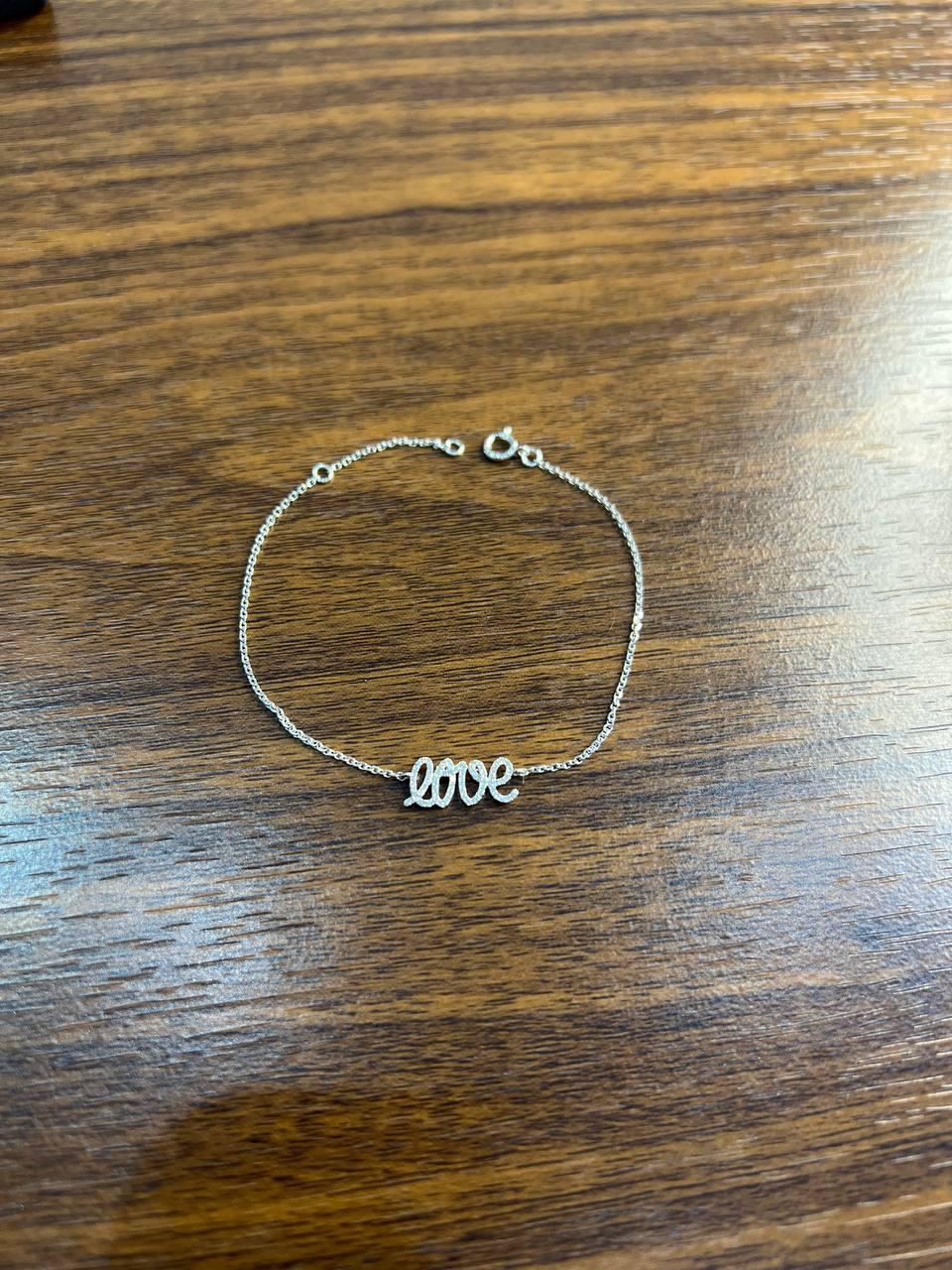 Mixed Cut Love Word Romance Romantic White Diamond Pave 14K White Gold Chain Bracelet For Sale
