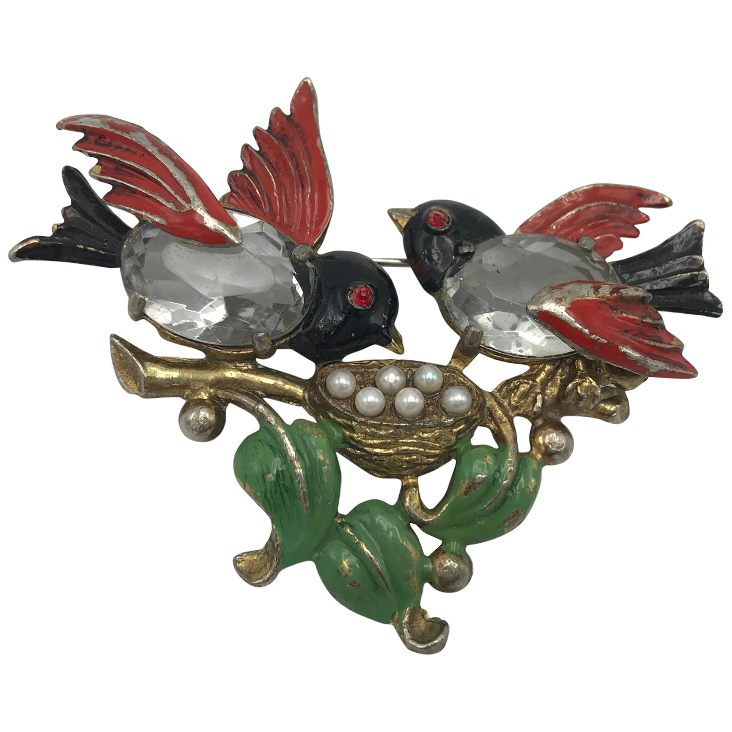 Bird on a nest of eggs brooch by Fred Gray Corp, 1930-1040's, designer for Coro For Sale