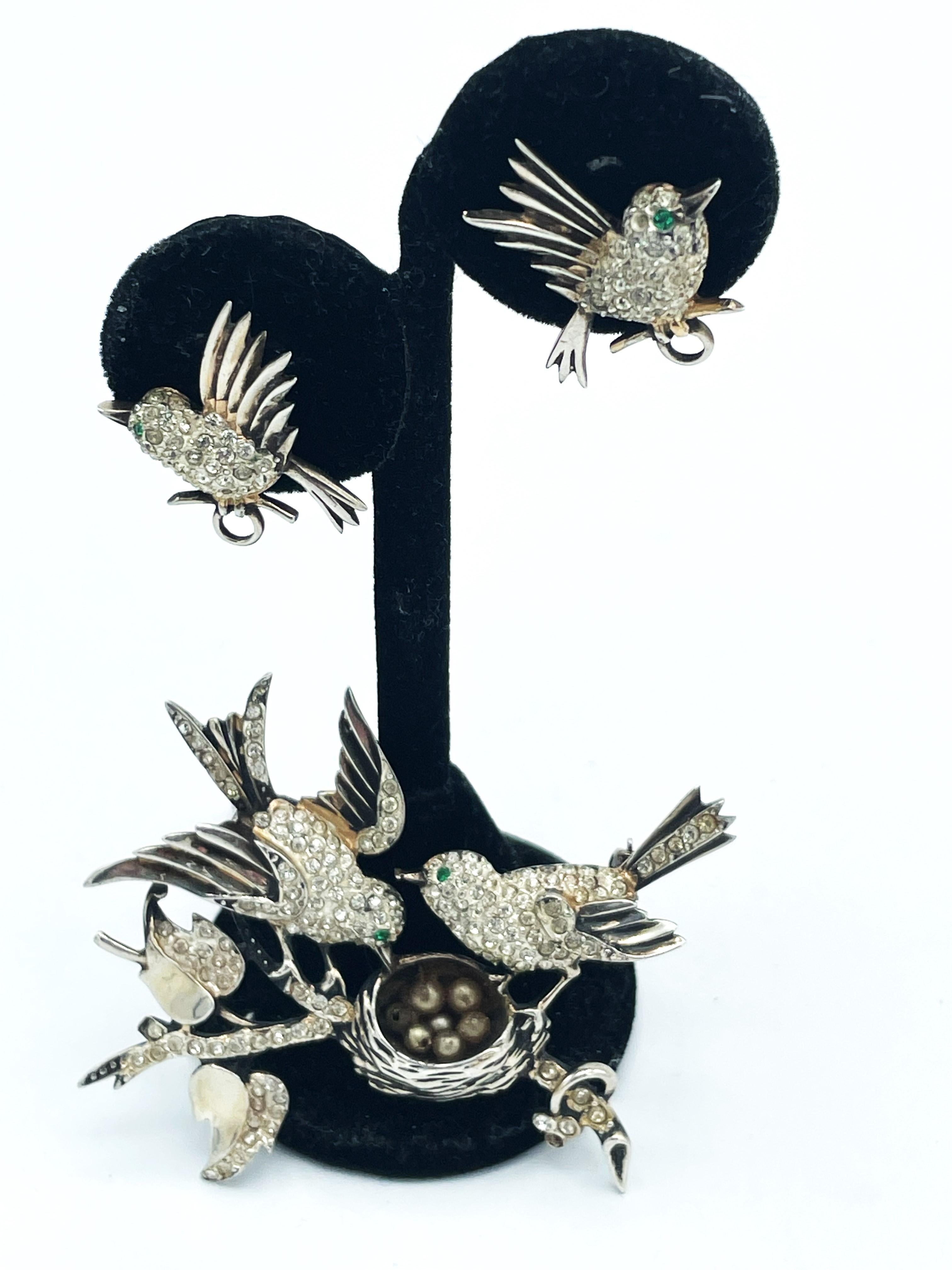 Lovebird-Brosche mit passenden Vogel-Ohrringen von SCHRAGER NY, Sterling, 1940er Jahre im Angebot 4
