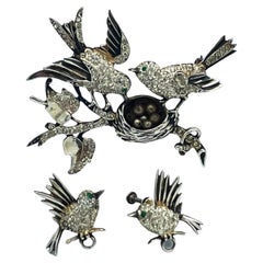 Vintage Lovebird brooch with matching bird earrings by SCHRAGER NY, Sterling, 1940s