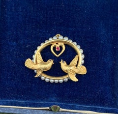 Lovebird Valentine Ruby Sapphire Heart Pendant Necklace Bird Pearl 14 Karat Gold