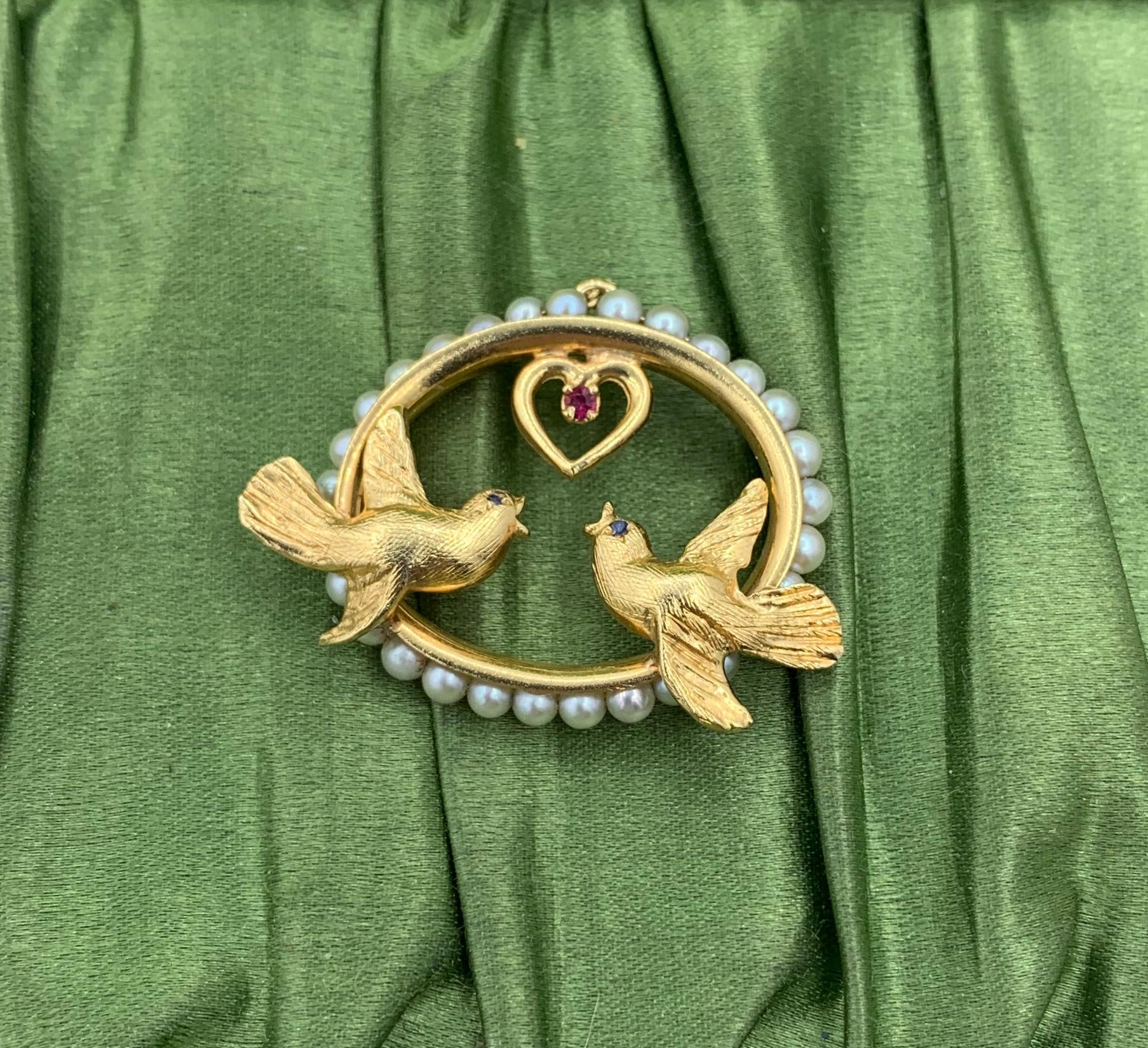 Lovebird Valentine Rubí Zafiro Corazón Colgante Collar Pájaro Perla Oro 14 Kilates Corte redondo