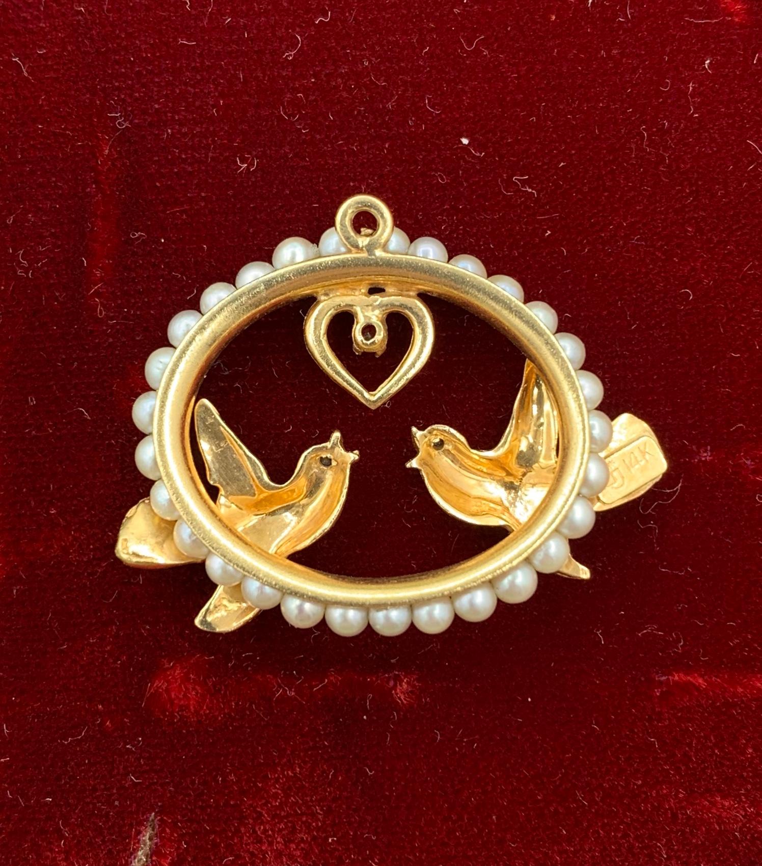 Women's Lovebird Valentine Ruby Sapphire Heart Pendant Necklace Bird Pearl 14 Karat Gold