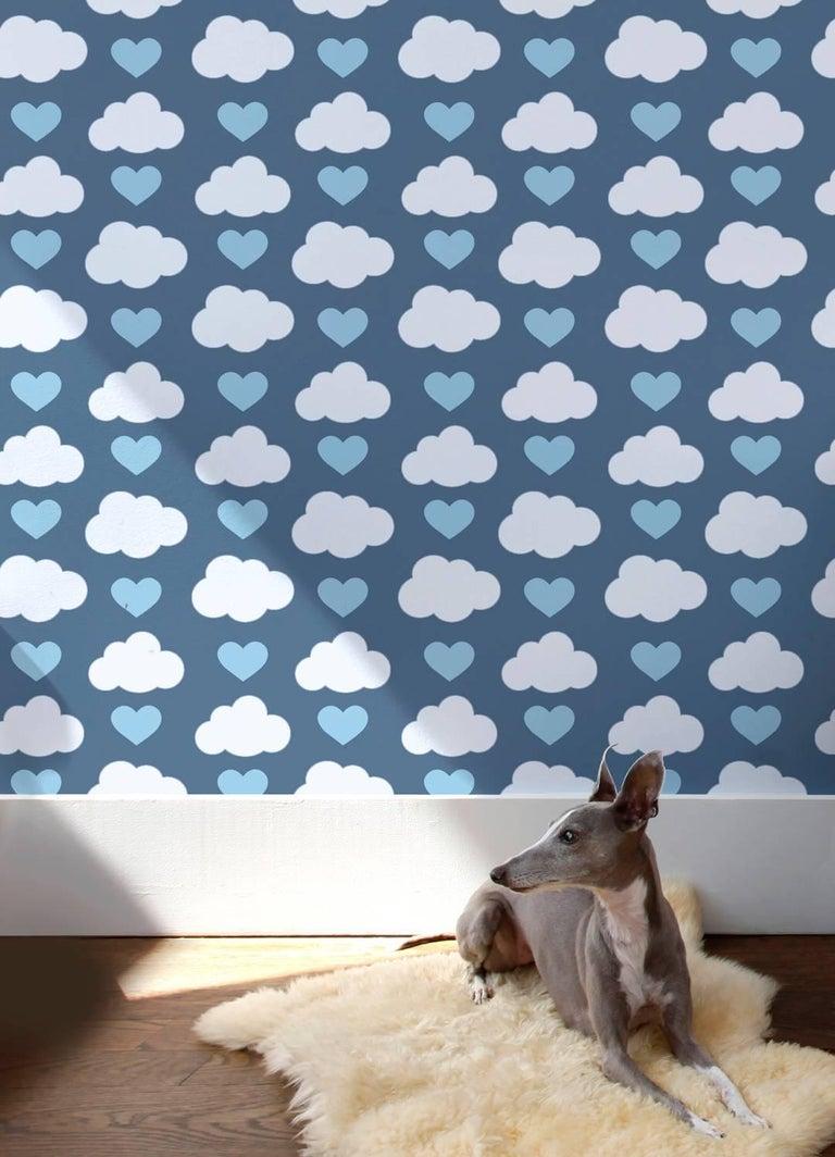 Modern Loveclouds Designer Wallpaper in Prep 'Blue, White and China Blue' For Sale
