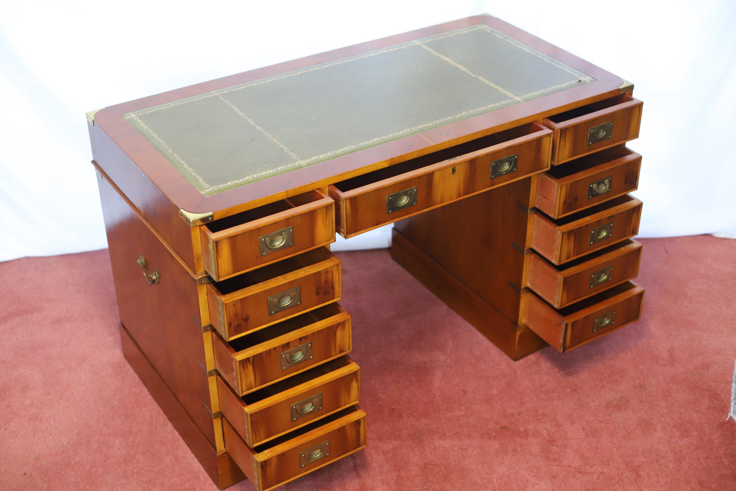 Lovelly Yew Wood Campaign Style Pedestal Desk 5