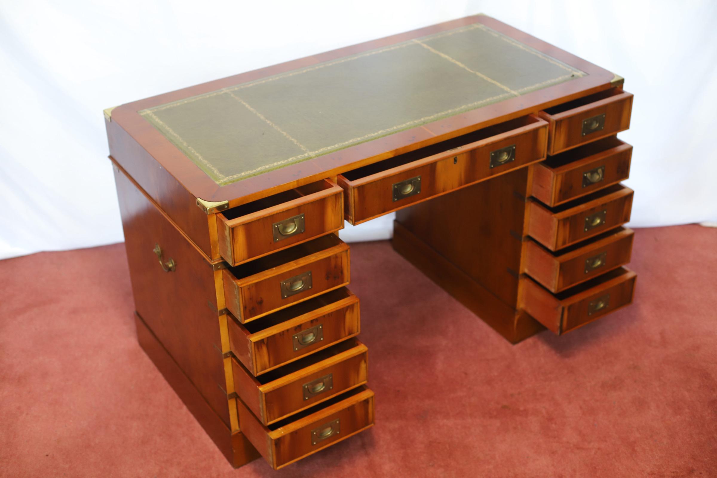 Lovelly Yew Wood Campaign Style Pedestal Desk 6