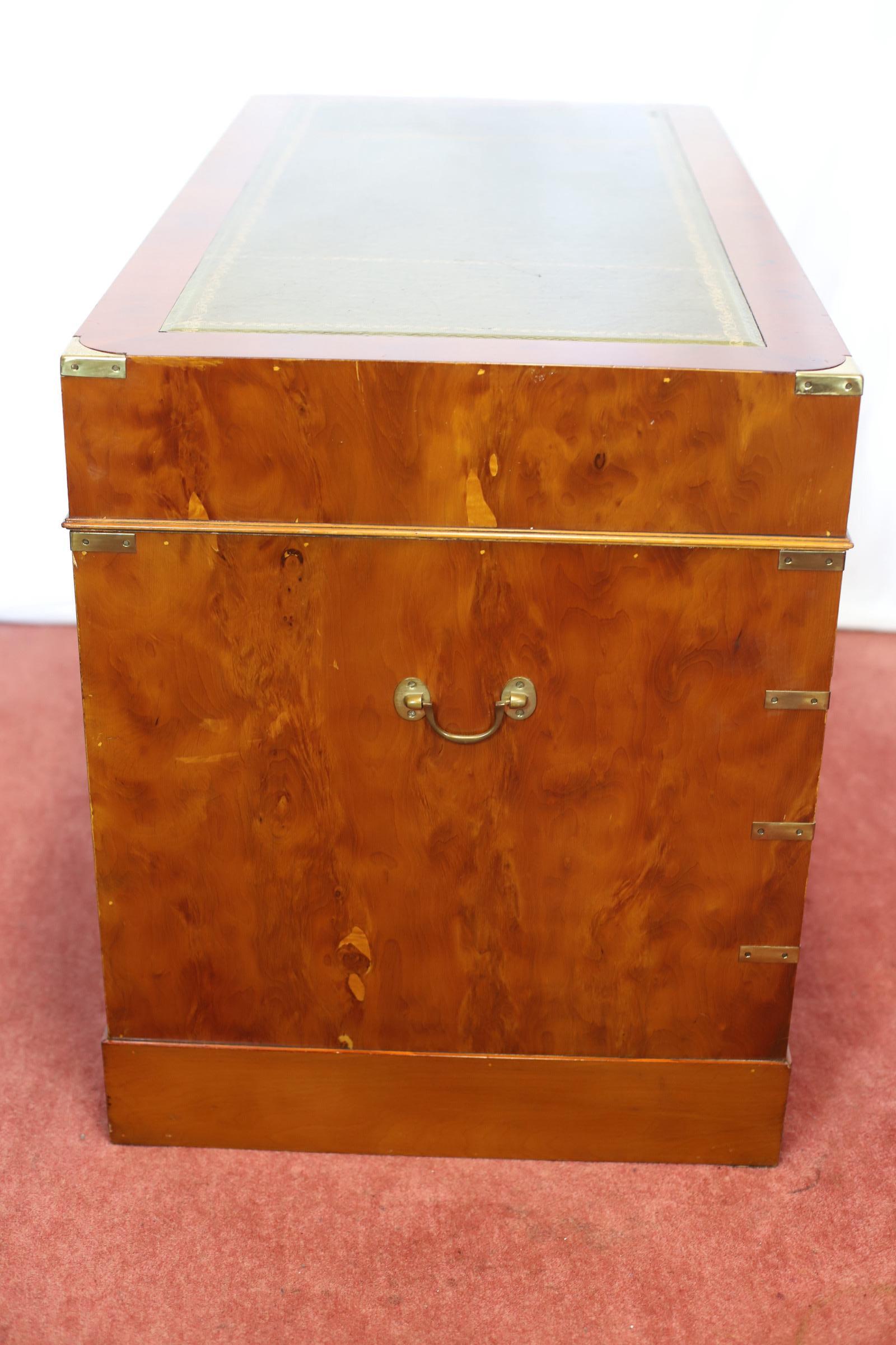 Lovelly Yew Wood Campaign Style Pedestal Desk 7
