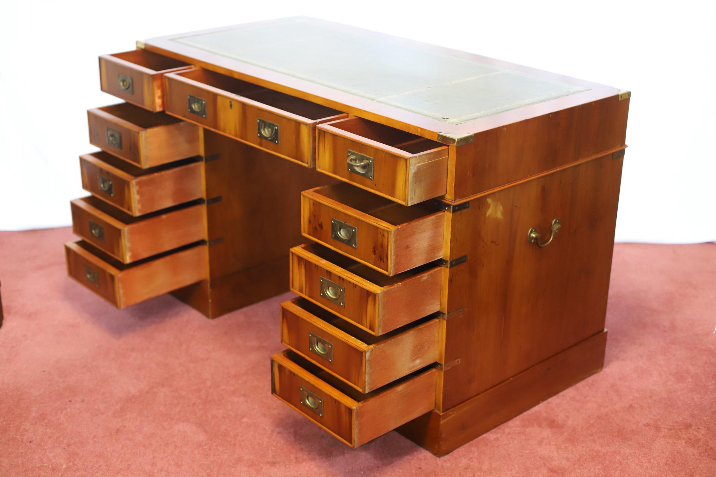 Lovelly Yew Wood Campaign Style Pedestal Desk 9