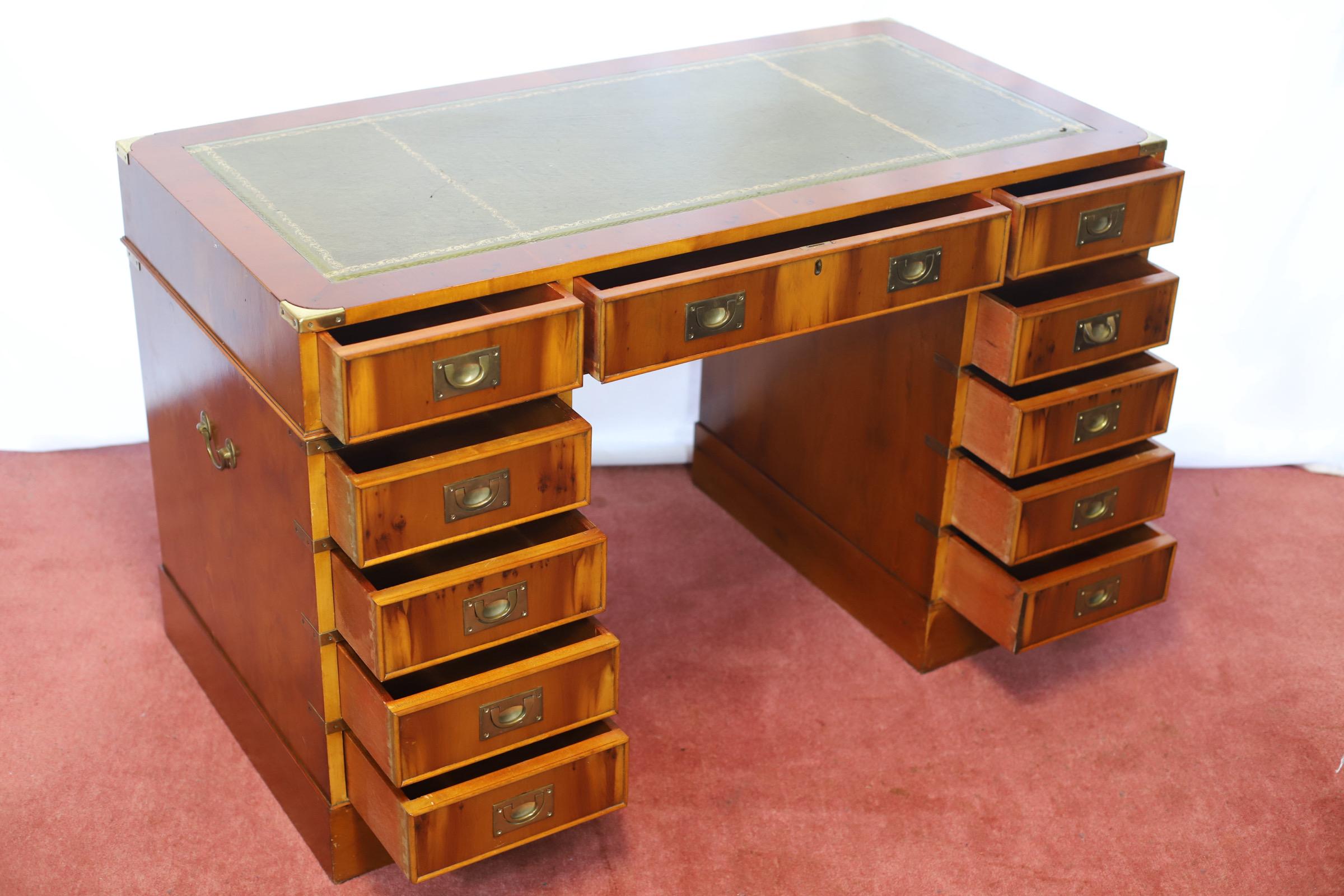 Lovelly Yew Wood Campaign Style Pedestal Desk 10