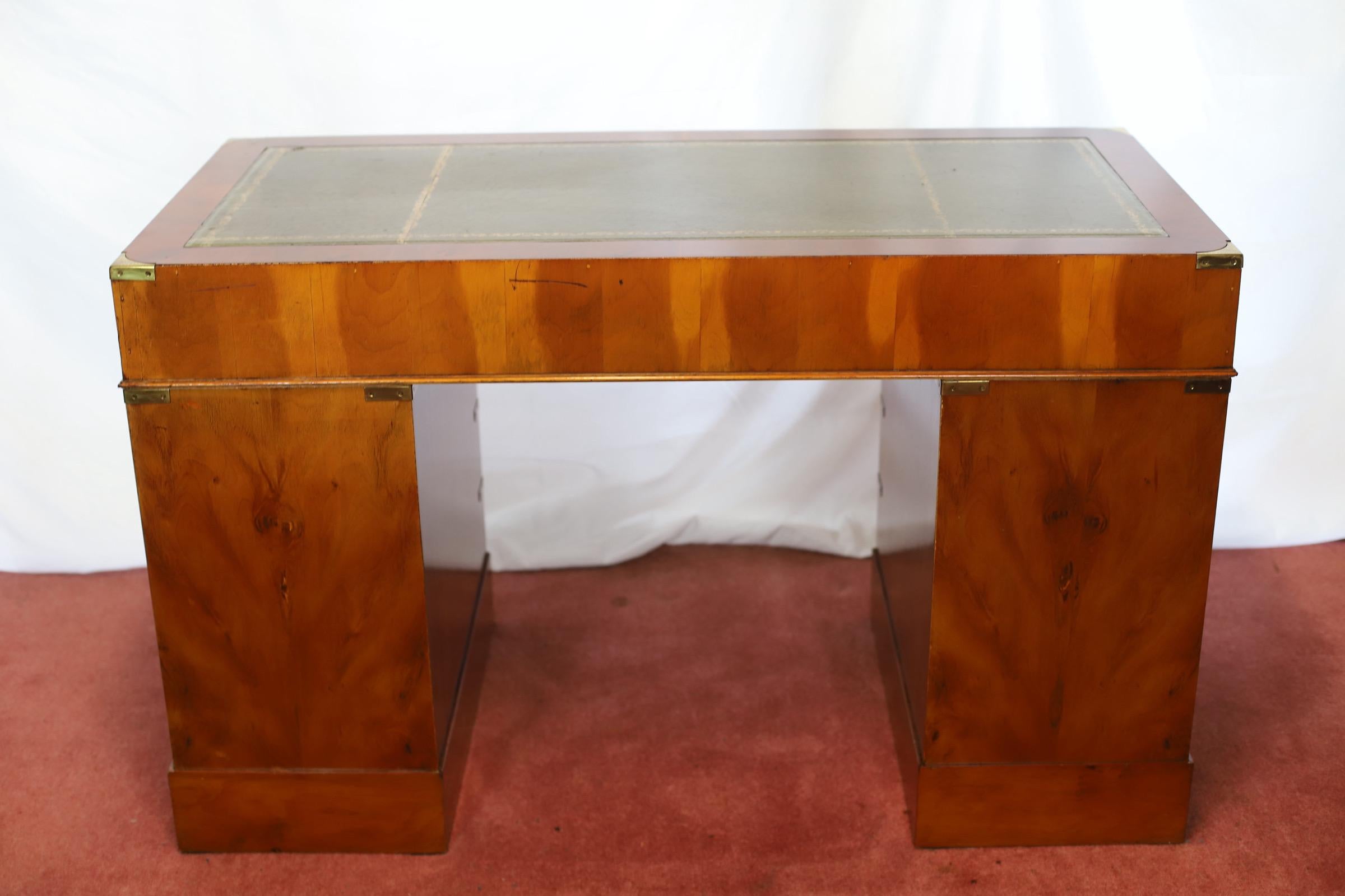 Lovelly Yew Wood Campaign Style Pedestal Desk 12