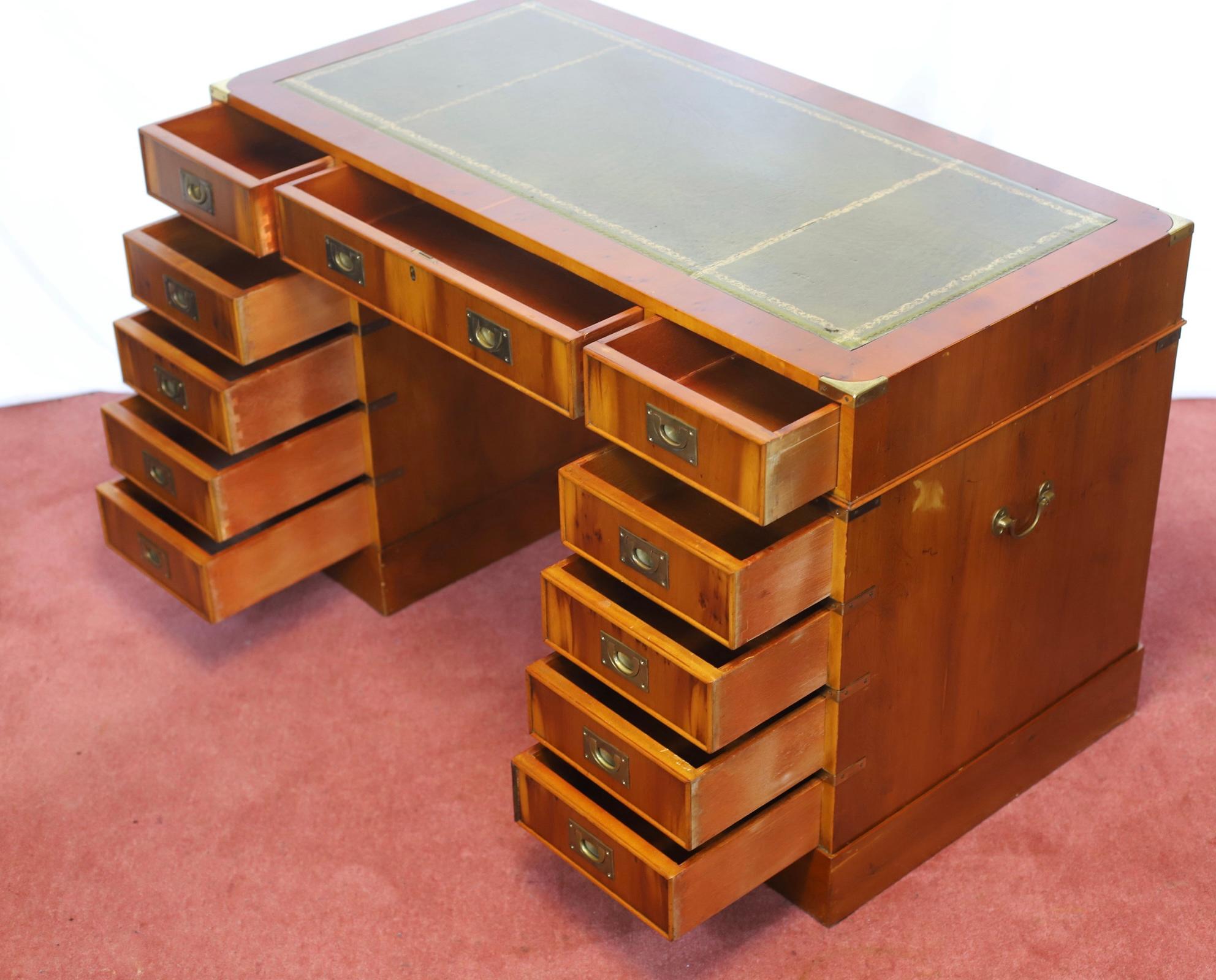 Lovelly Yew Wood Campaign Style Pedestal Desk 13