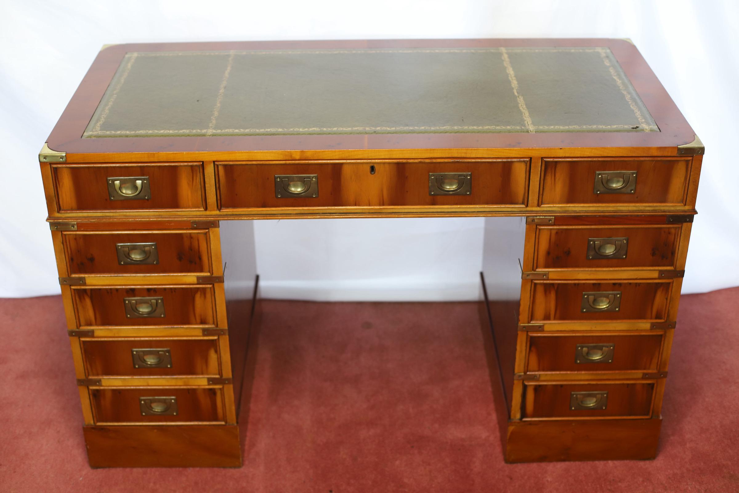 Brass Lovelly Yew Wood Campaign Style Pedestal Desk