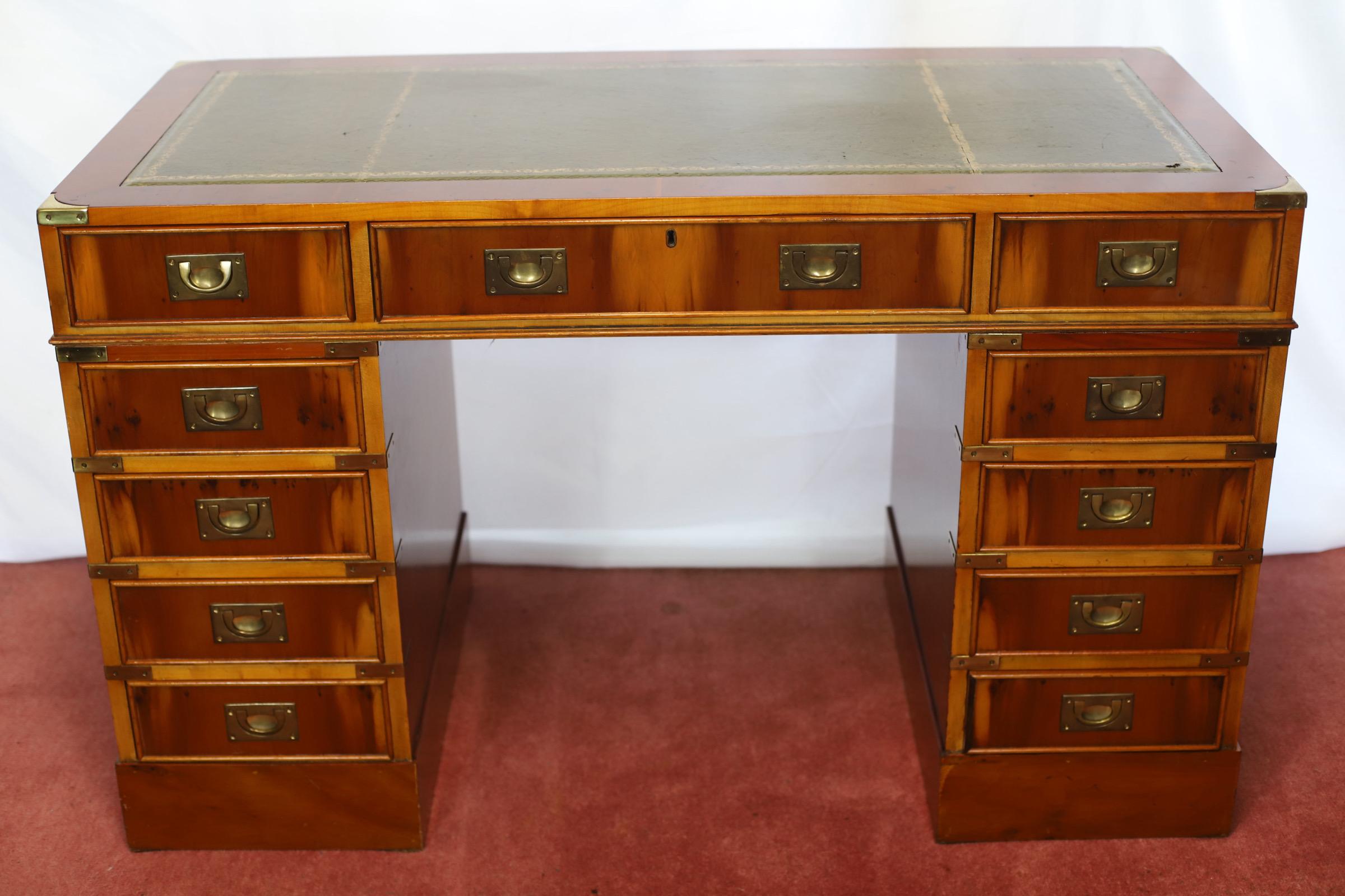 Lovelly Yew Wood Campaign Style Pedestal Desk 1